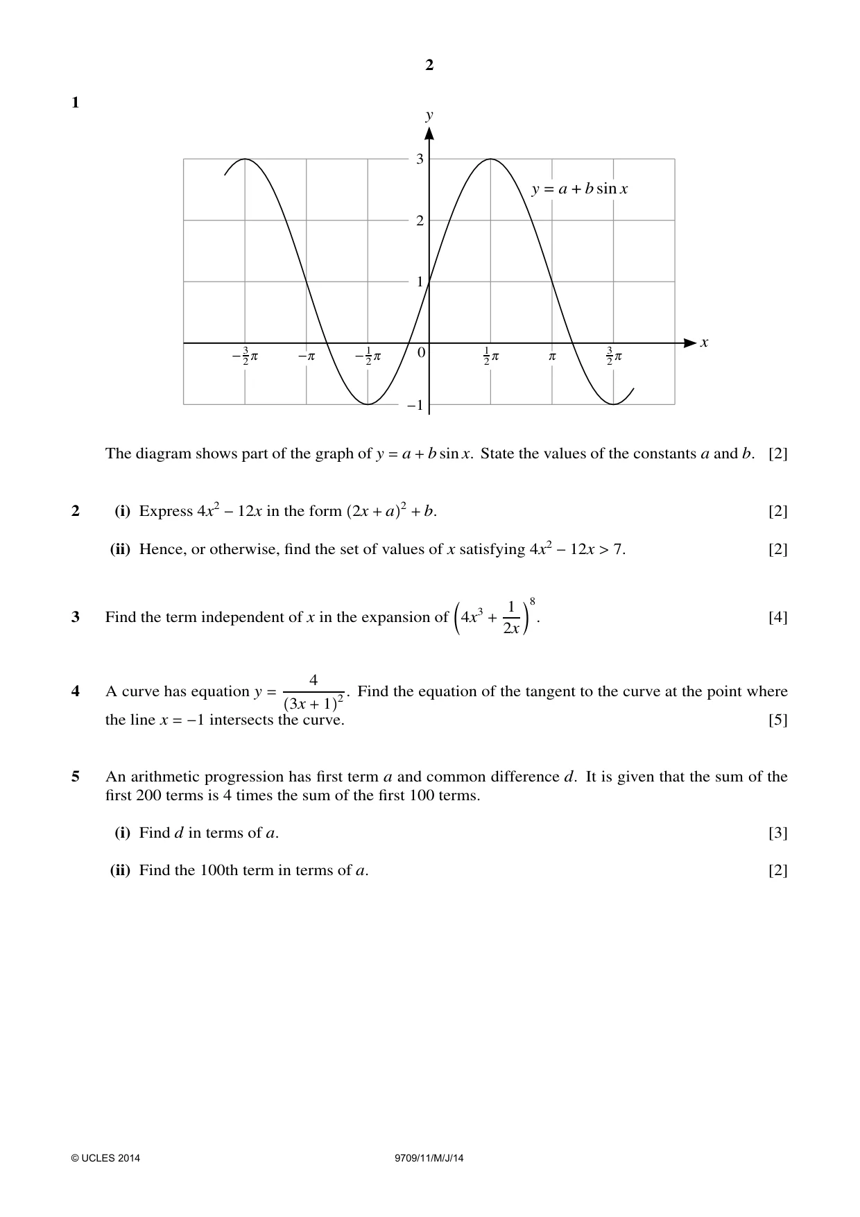 Cambridge A Level Mathematics 9709 2014 May/June Paper 1 · Variant 1 question paper, page 2 of 4