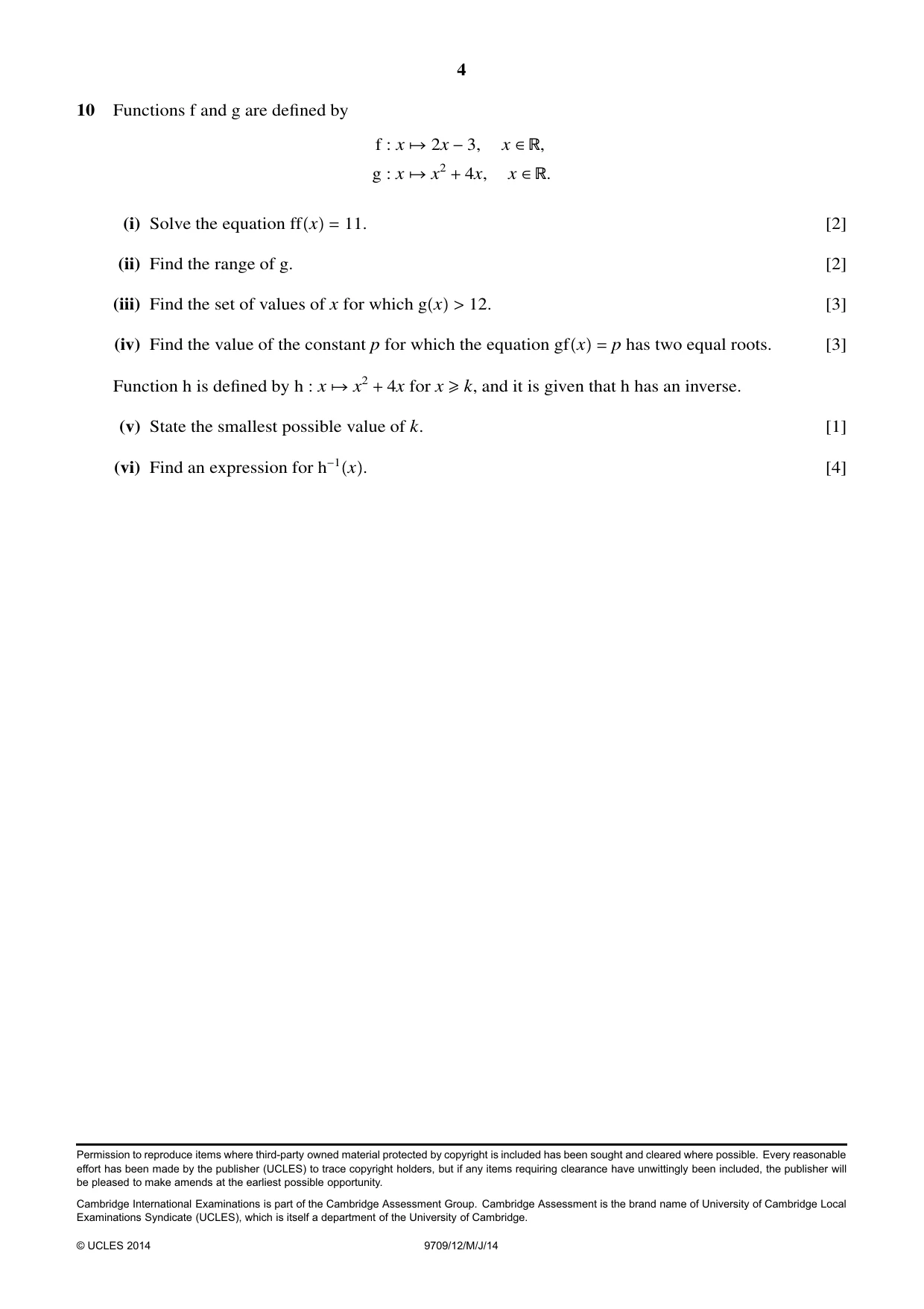 Cambridge A Level Mathematics 9709 2014 May/June Paper 1 · Variant 2 question paper, page 4 of 4