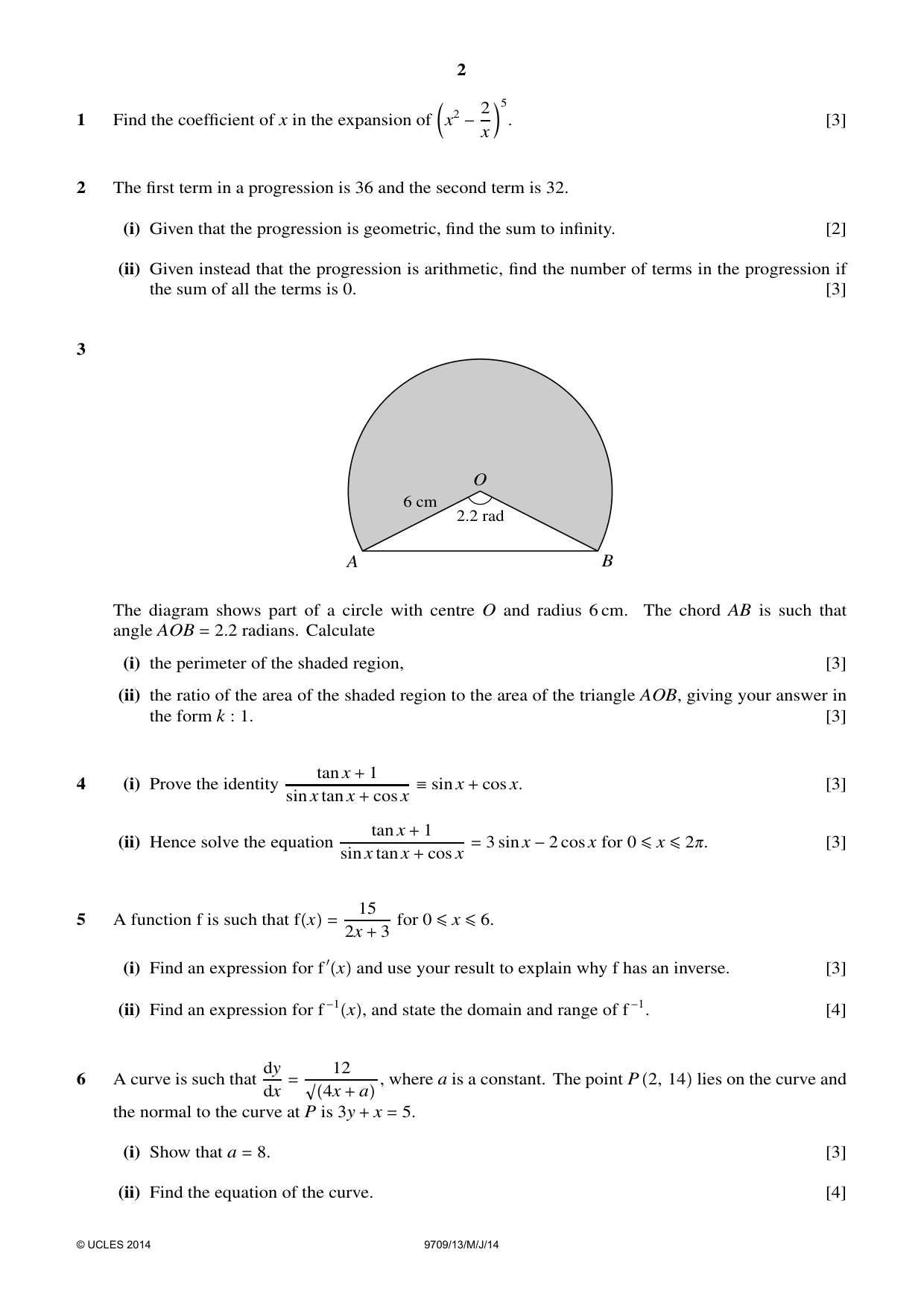 Cambridge A Level Mathematics 9709 2014 May/June Paper 1 · Variant 3 question paper, page 2 of 4