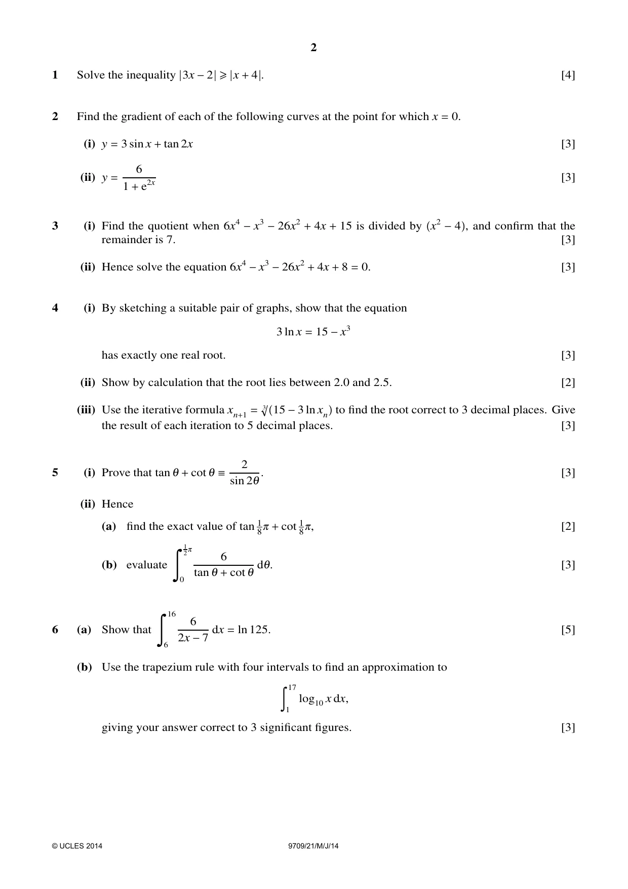Cambridge A Level Mathematics 9709 2014 May/June Paper 2 · Variant 1 question paper, page 2 of 4