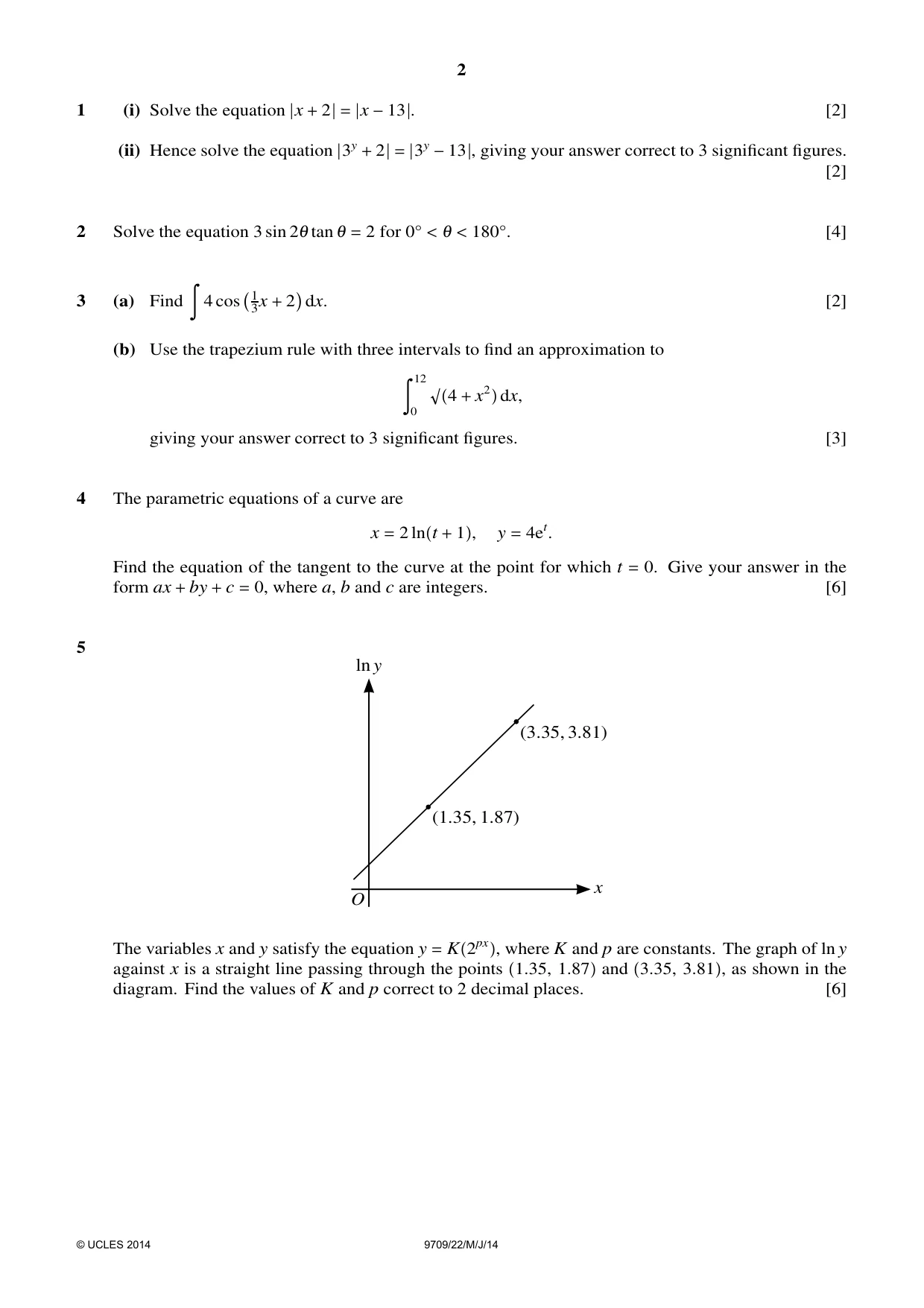 Cambridge A Level Mathematics 9709 2014 May/June Paper 2 · Variant 2 question paper, page 2 of 4