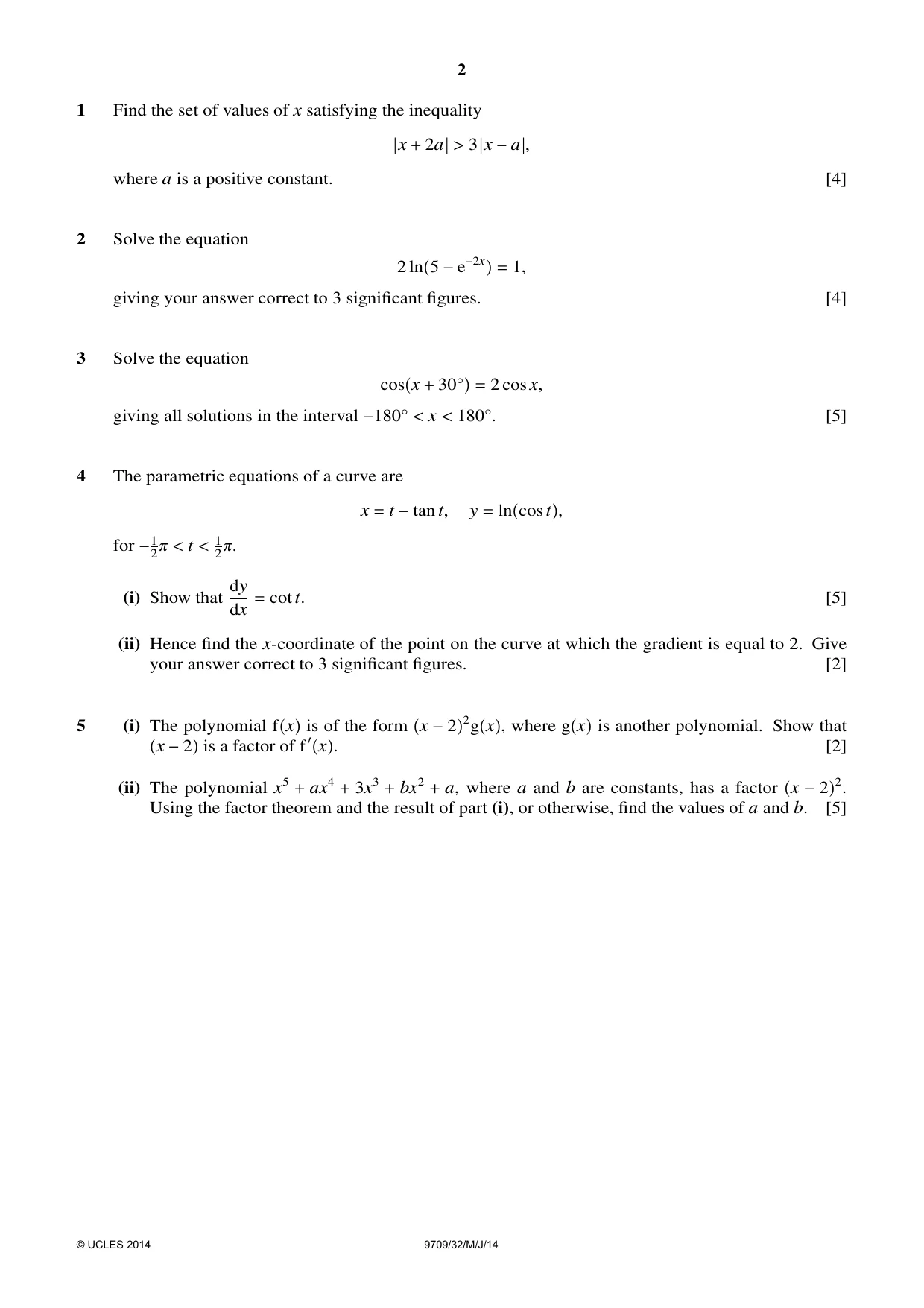 Cambridge A Level Mathematics 9709 2014 May/June Paper 3 · Variant 2 question paper, page 2 of 4