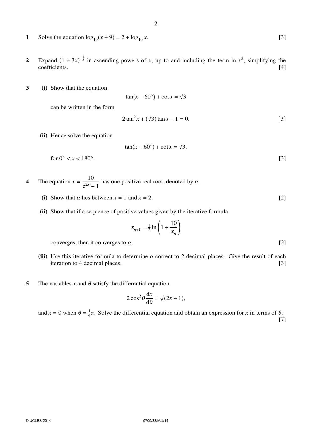 Cambridge A Level Mathematics 9709 2014 May/June Paper 3 · Variant 3 question paper, page 2 of 4
