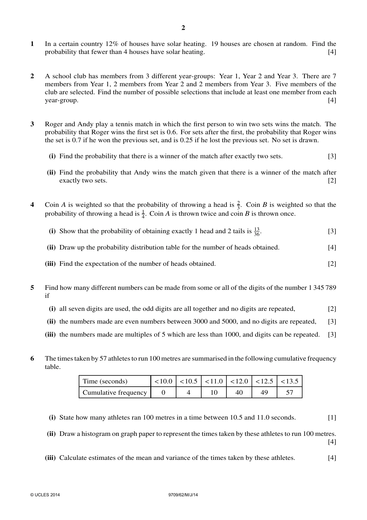 Cambridge A Level Mathematics 9709 2014 May/June Paper 6 · Variant 2 question paper, page 2 of 4
