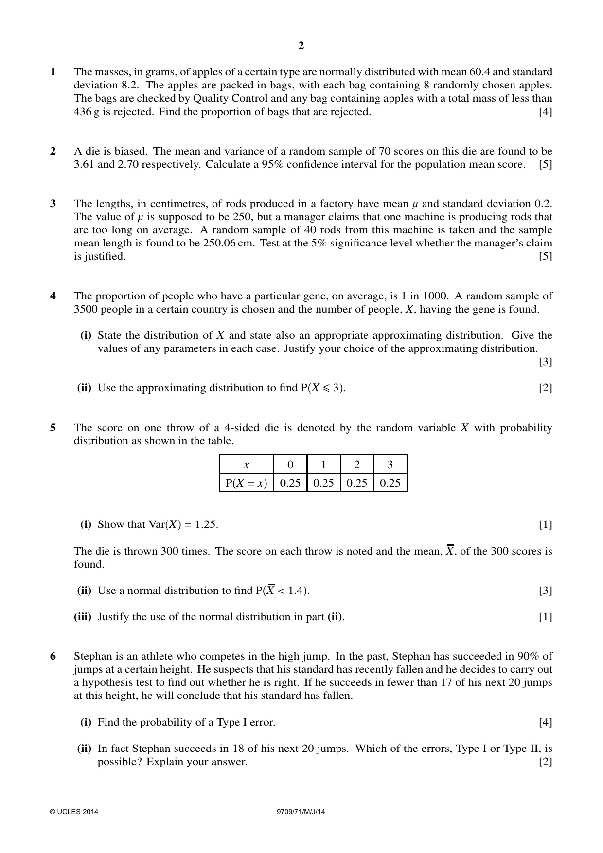Cambridge A Level Mathematics 9709 2014 May/June Paper 7 · Variant 1 question paper, page 2 of 4
