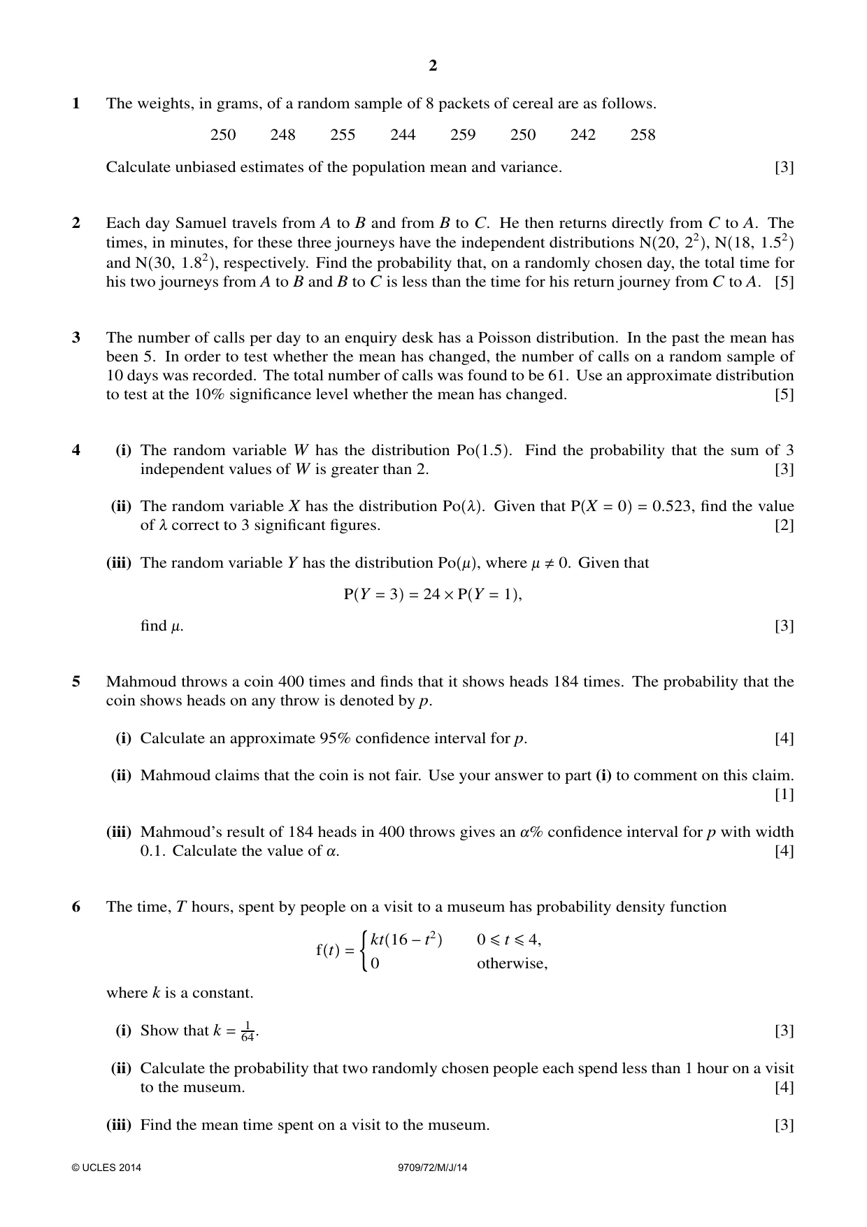 Cambridge A Level Mathematics 9709 2014 May/June Paper 7 · Variant 2 question paper, page 2 of 4