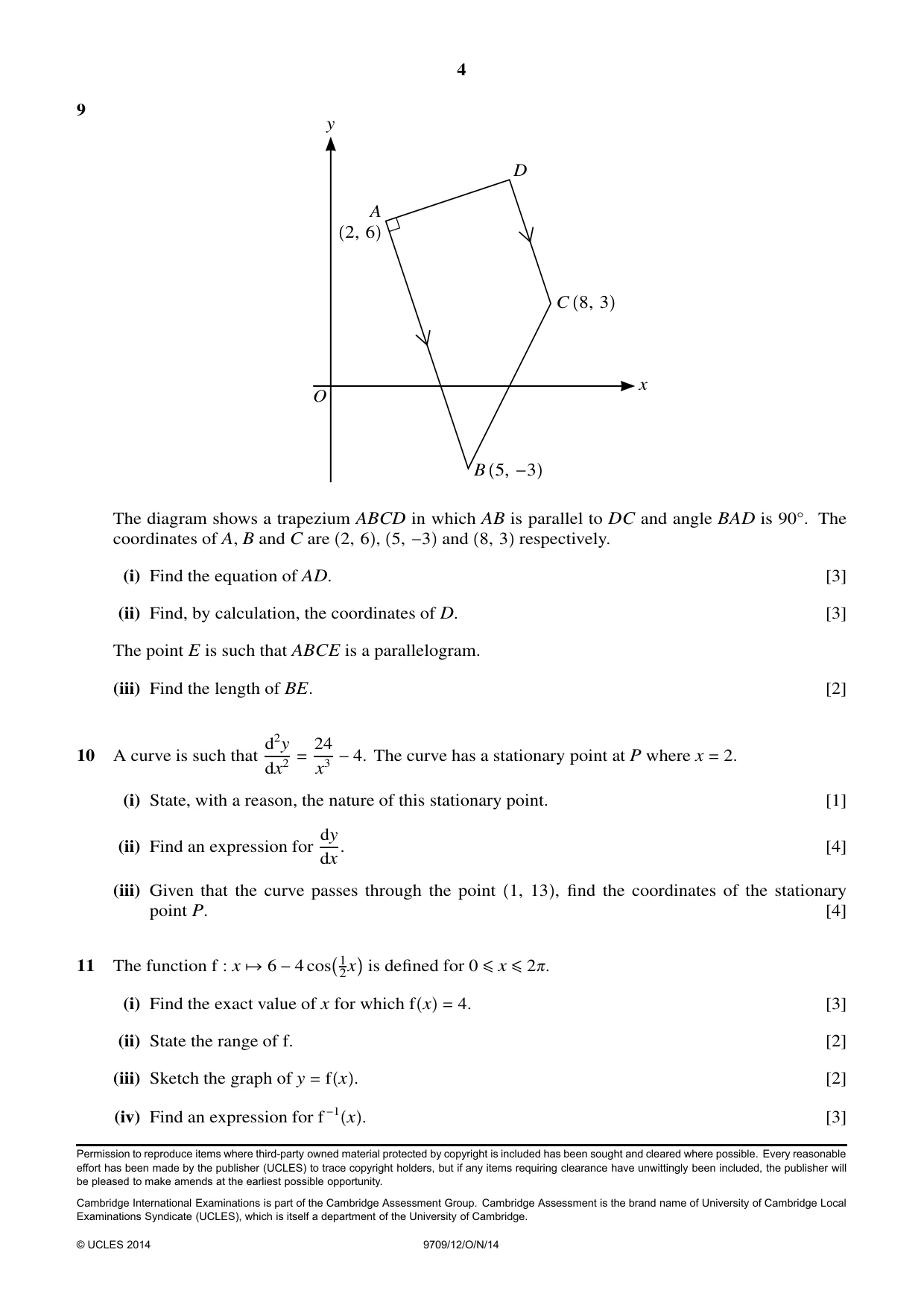 Cambridge A Level Mathematics 9709 2014 Oct/Nov Paper 1 · Variant 2 question paper, page 4 of 4