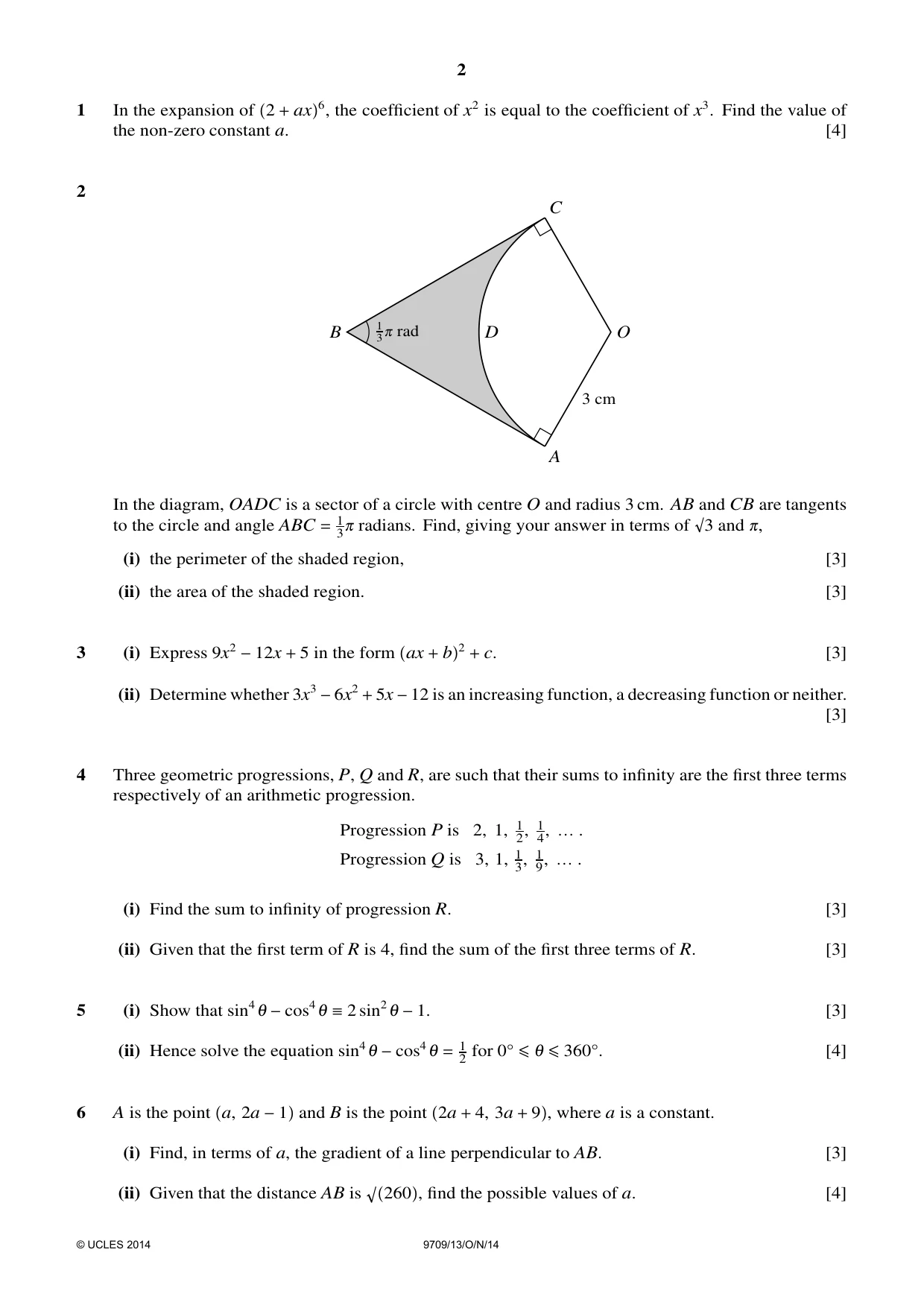 Cambridge A Level Mathematics 9709 2014 Oct/Nov Paper 1 · Variant 3 question paper, page 2 of 4