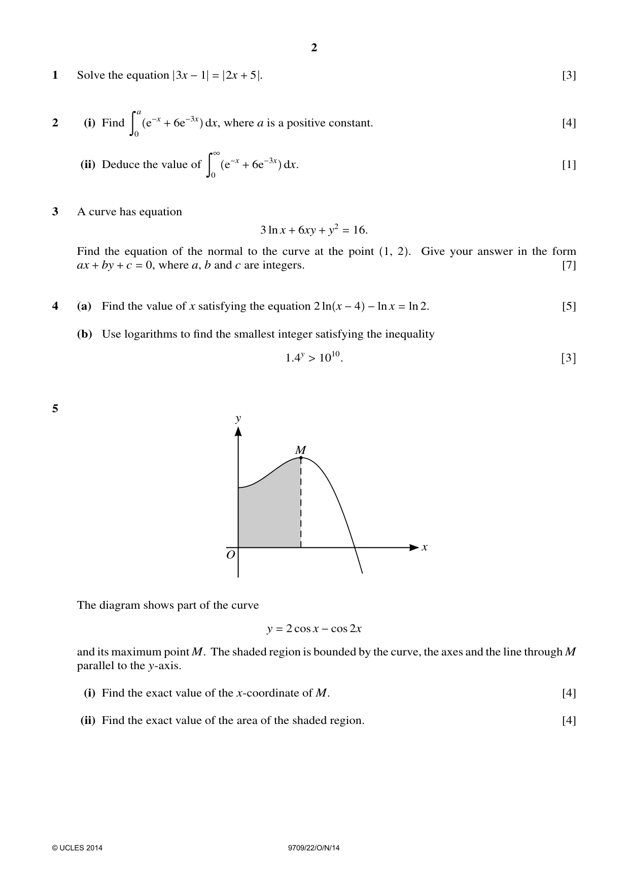 Cambridge A Level Mathematics 9709 2014 Oct/Nov Paper 2 · Variant 2 question paper, page 2 of 4