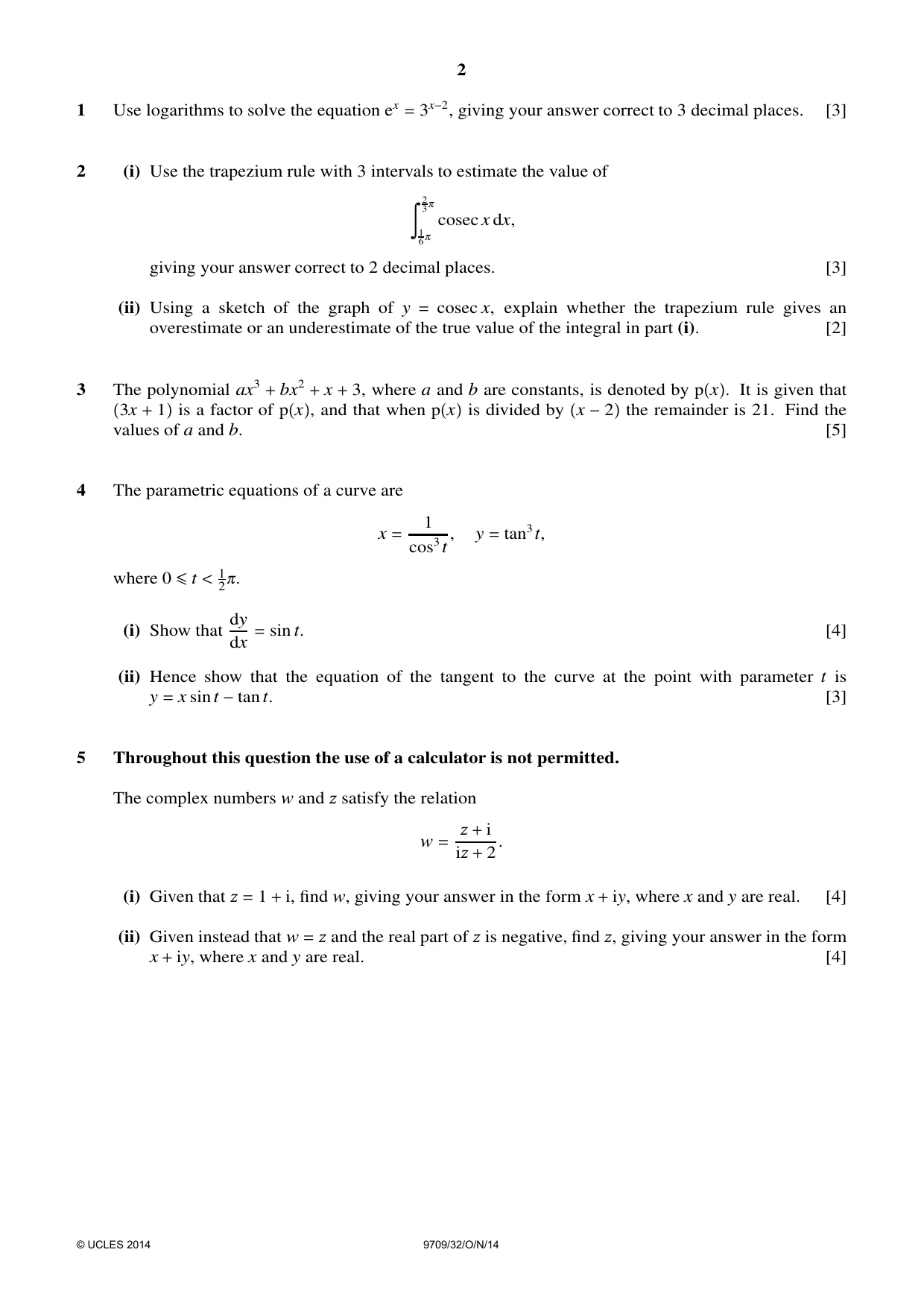 Cambridge A Level Mathematics 9709 2014 Oct/Nov Paper 3 · Variant 2 question paper, page 2 of 4