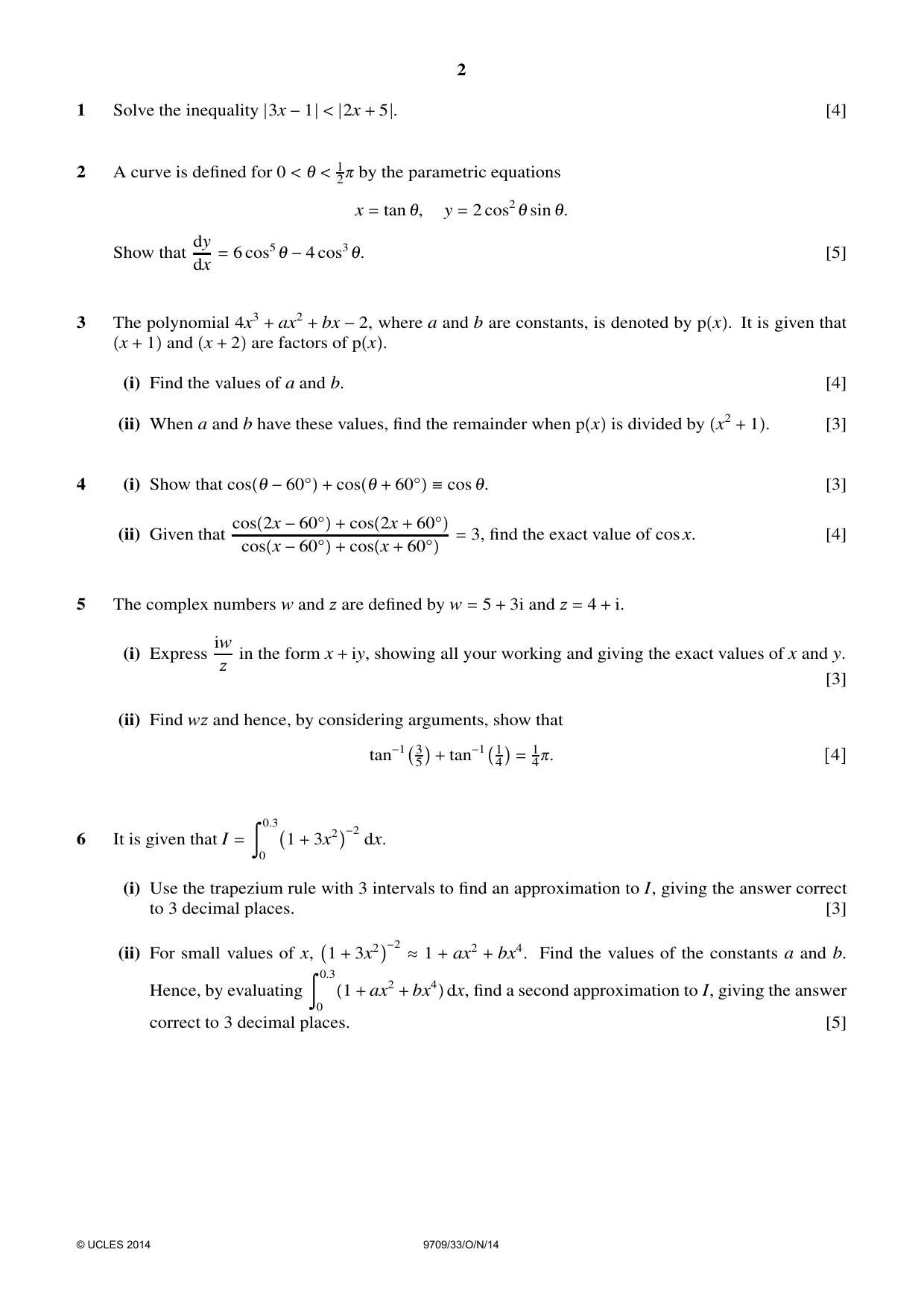 Cambridge A Level Mathematics 9709 2014 Oct/Nov Paper 3 · Variant 3 question paper, page 2 of 4