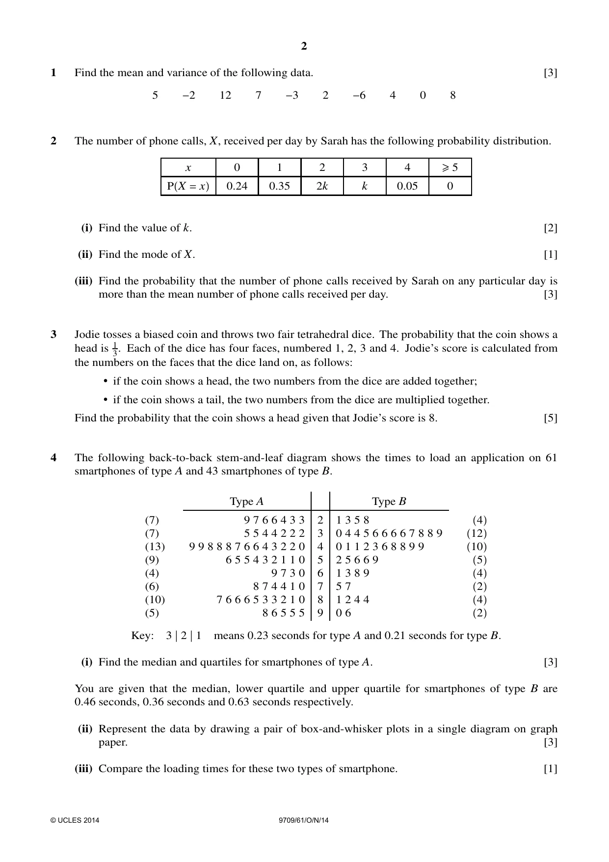 Cambridge A Level Mathematics 9709 2014 Oct/Nov Paper 6 · Variant 1 question paper, page 2 of 4