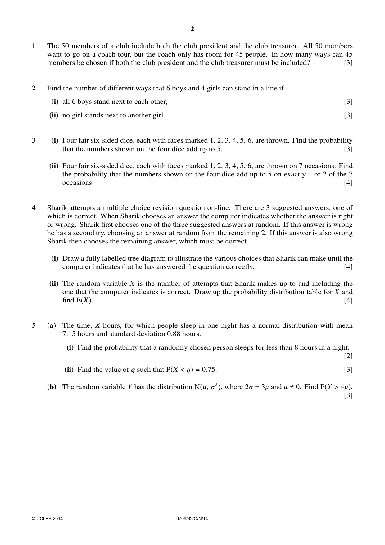 Cambridge A Level Mathematics 9709 2014 Oct/Nov Paper 6 · Variant 2 question paper, page 2 of 4