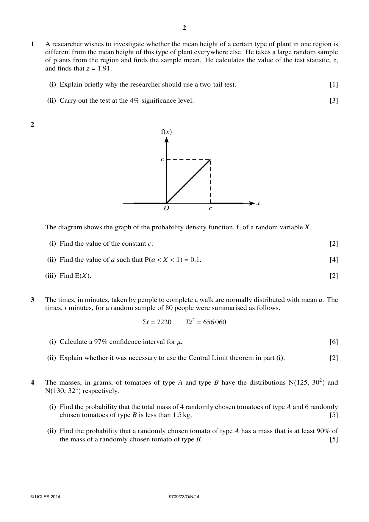 Cambridge A Level Mathematics 9709 2014 Oct/Nov Paper 7 · Variant 3 question paper, page 2 of 4