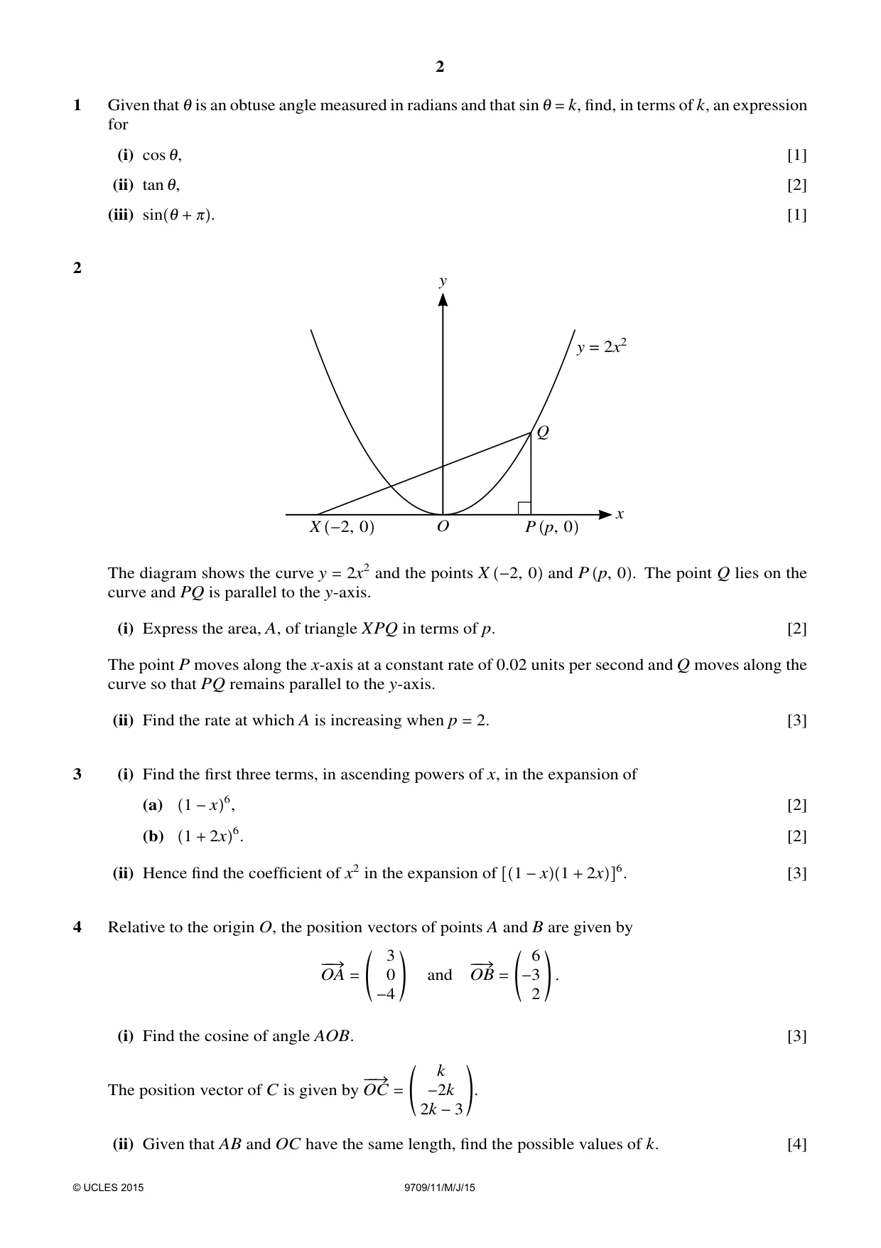 Cambridge A Level Mathematics 9709 2015 May/June Paper 1 · Variant 1 question paper, page 2 of 4