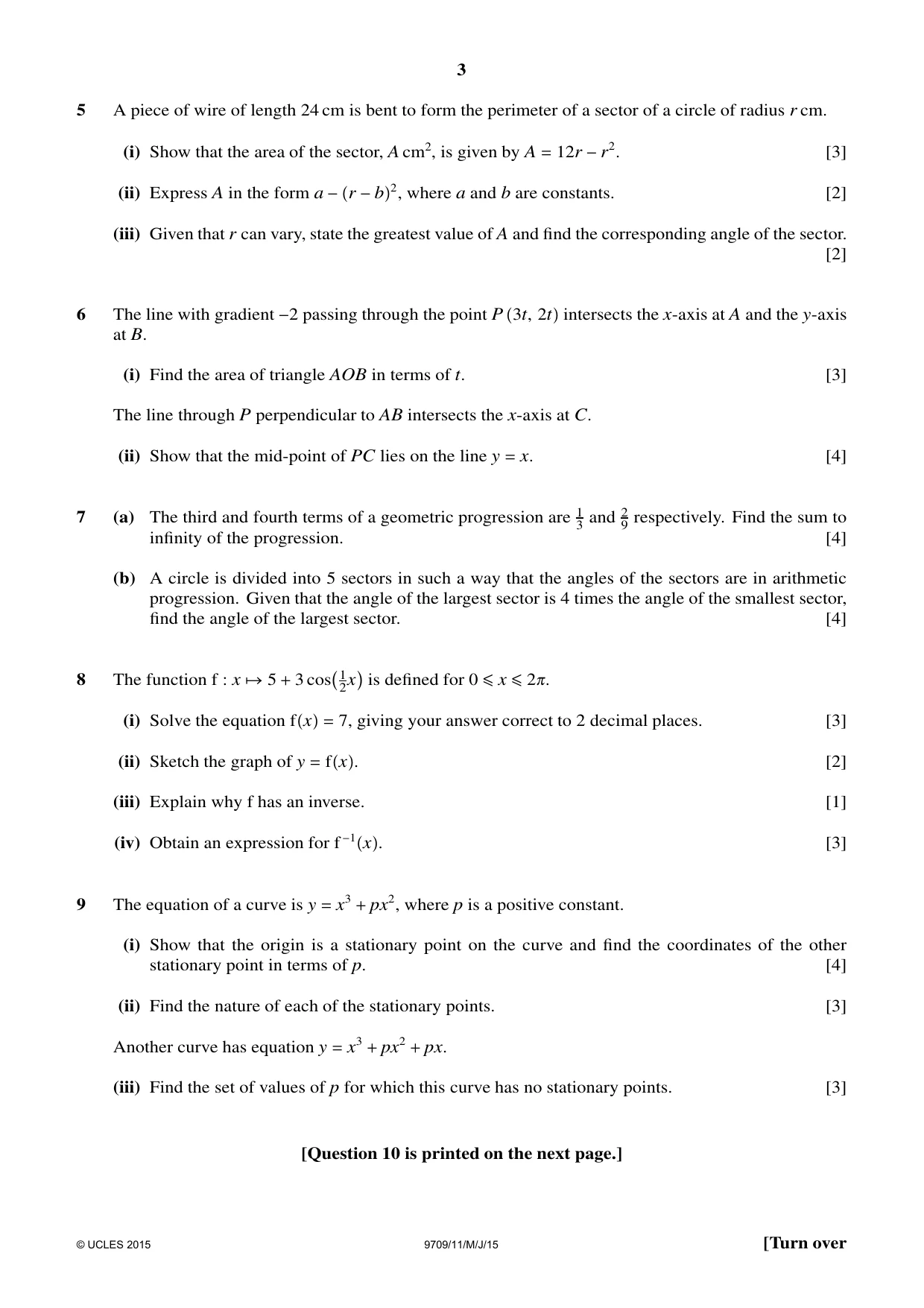 Cambridge A Level Mathematics 9709 2015 May/June Paper 1 · Variant 1 question paper, page 3 of 4