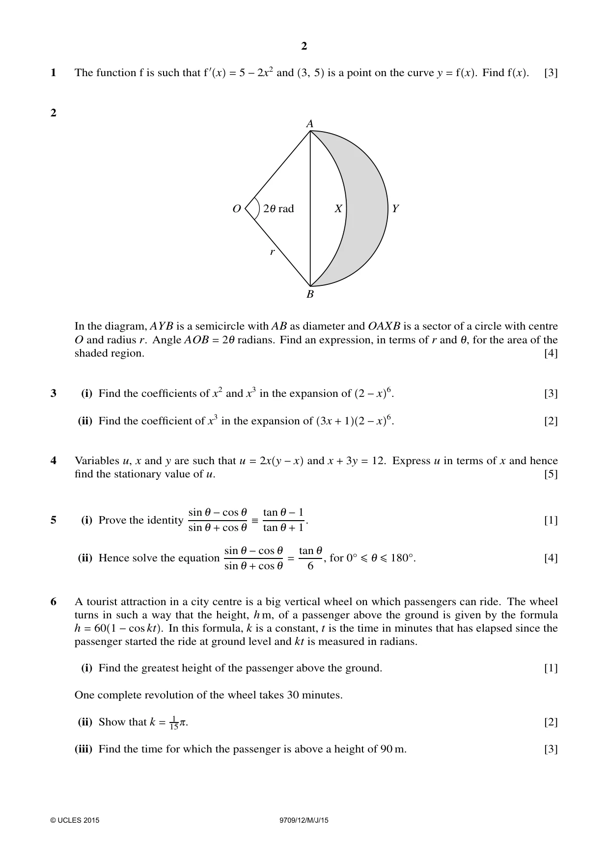 Cambridge A Level Mathematics 9709 2015 May/June Paper 1 · Variant 2 question paper, page 2 of 4