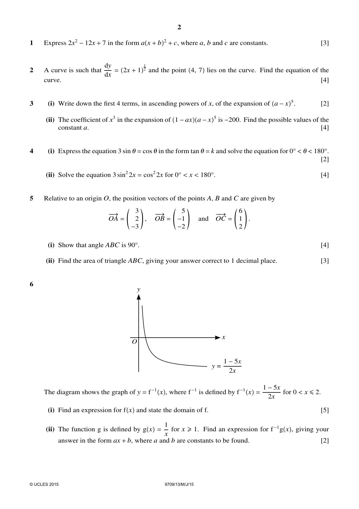 Cambridge A Level Mathematics 9709 2015 May/June Paper 1 · Variant 3 question paper, page 2 of 4