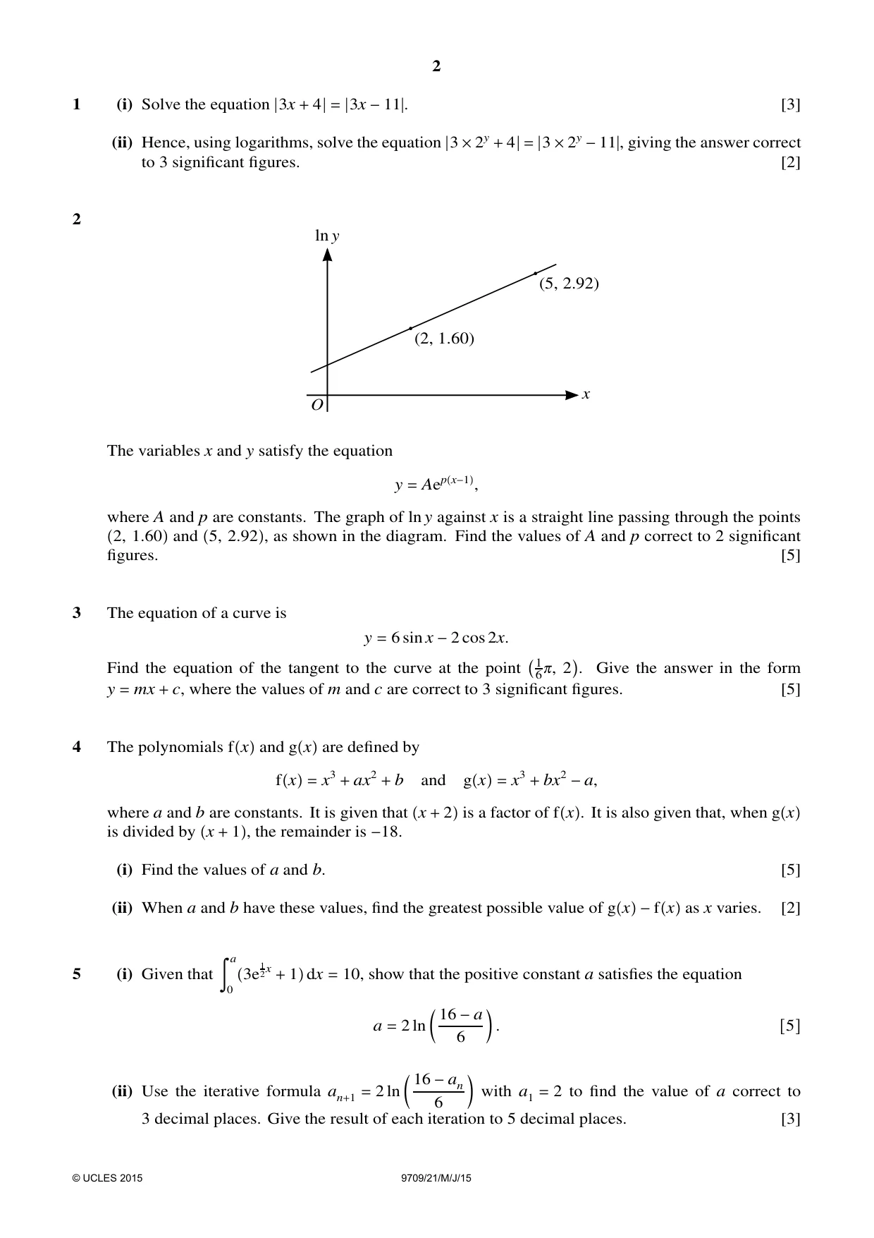 Cambridge A Level Mathematics 9709 2015 May/June Paper 2 · Variant 1 question paper, page 2 of 4