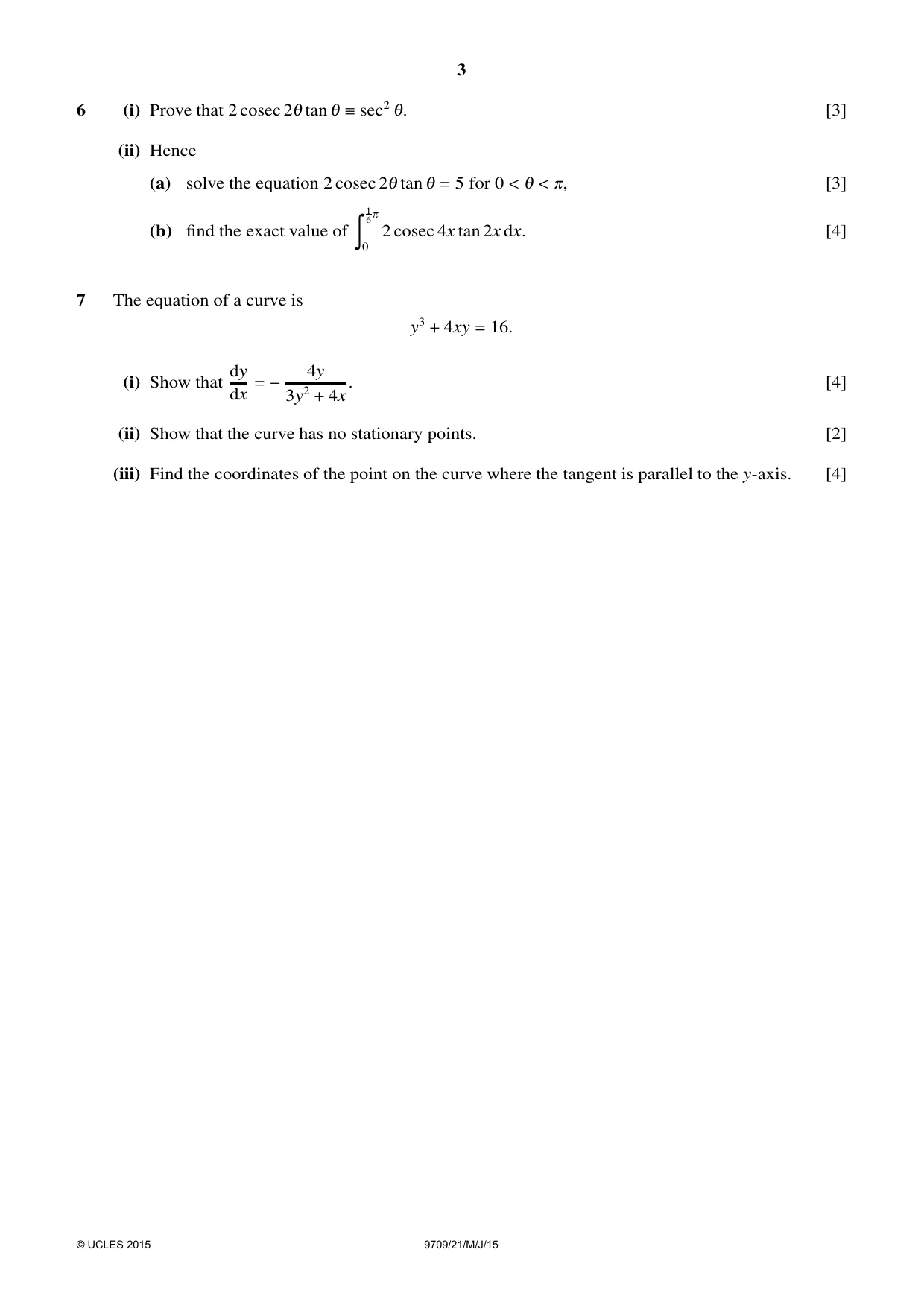 Cambridge A Level Mathematics 9709 2015 May/June Paper 2 · Variant 1 question paper, page 3 of 4