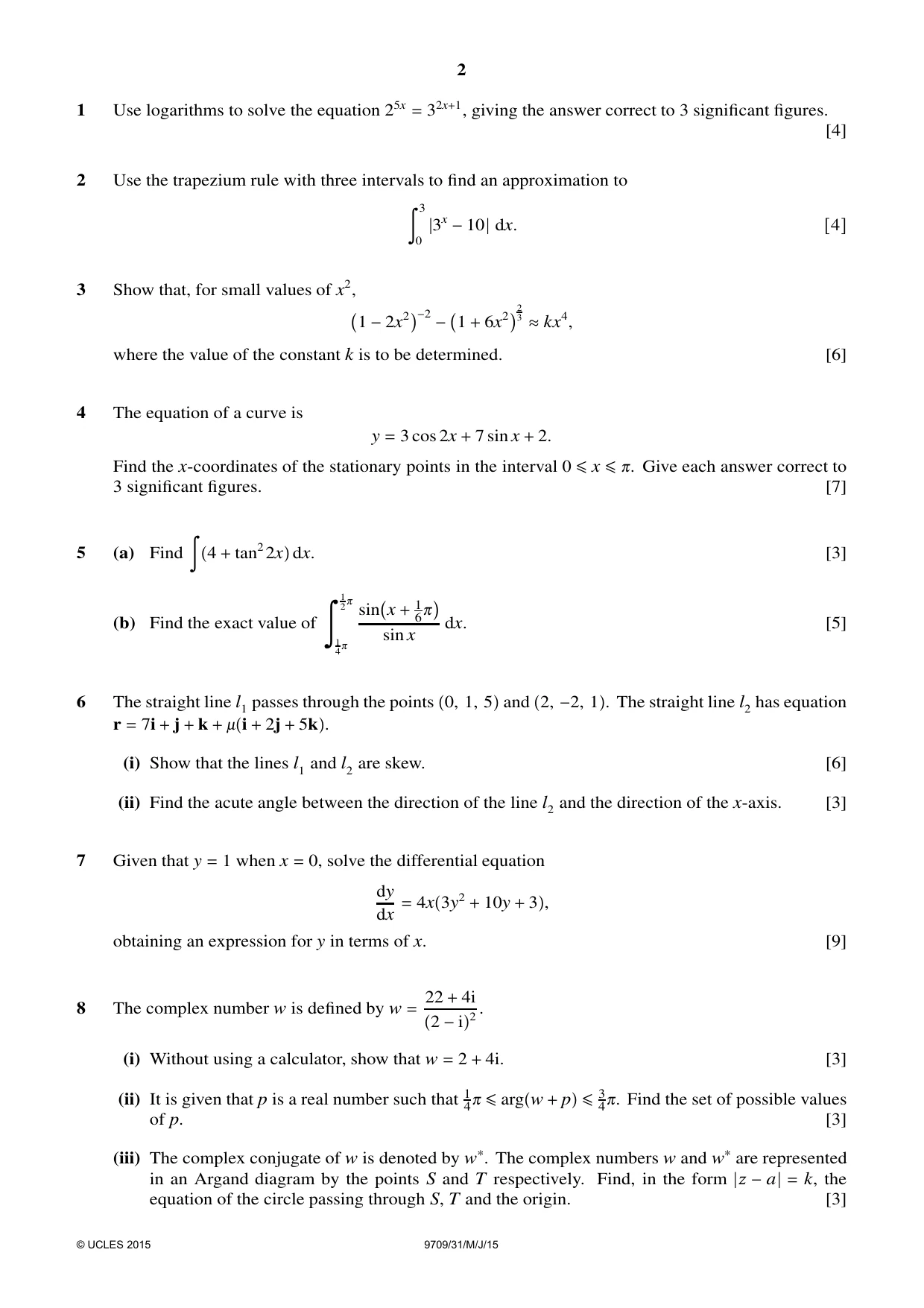 Cambridge A Level Mathematics 9709 2015 May/June Paper 3 · Variant 1 question paper, page 2 of 4
