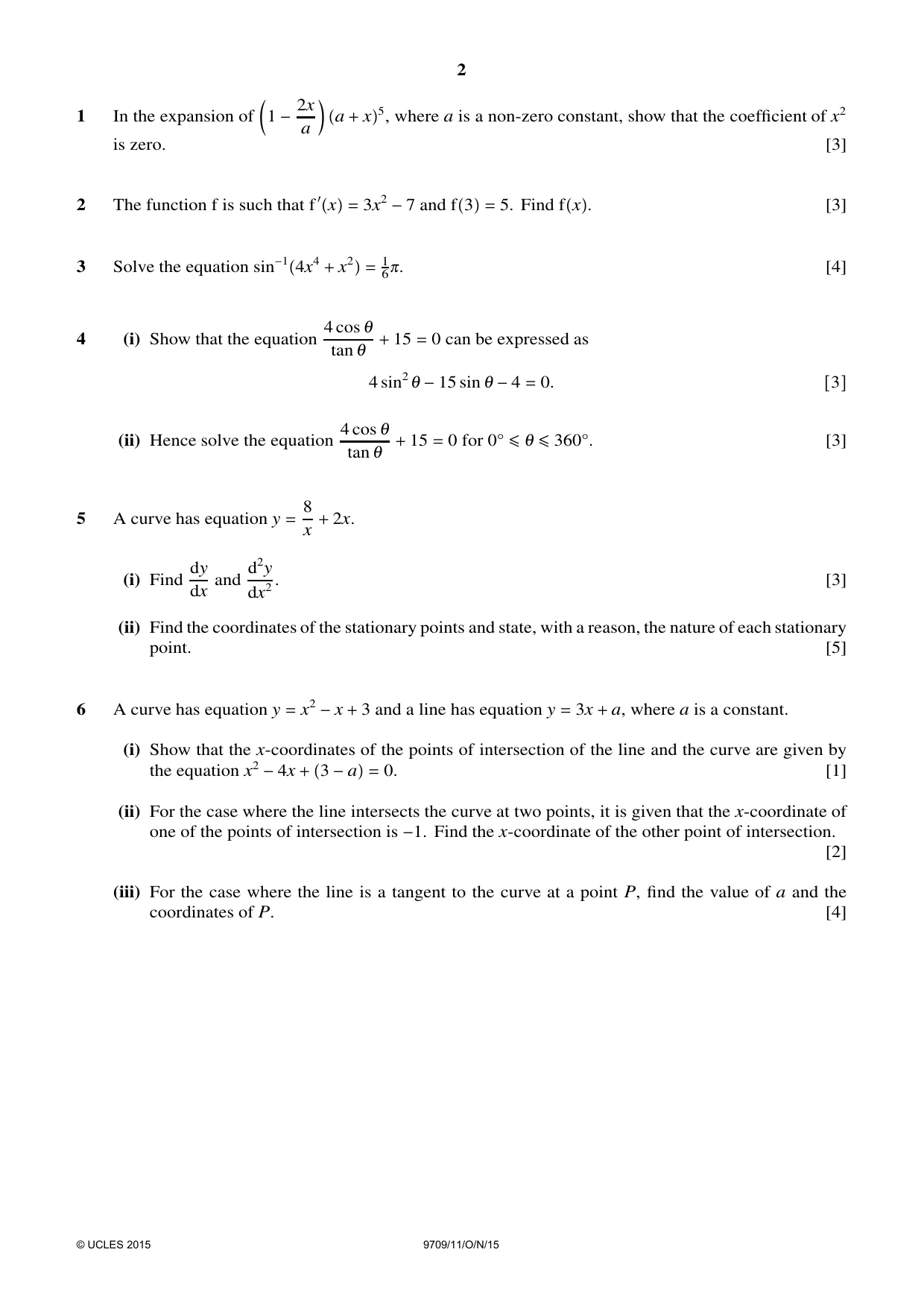 Cambridge A Level Mathematics 9709 2015 Oct/Nov Paper 1 · Variant 1 question paper, page 2 of 4