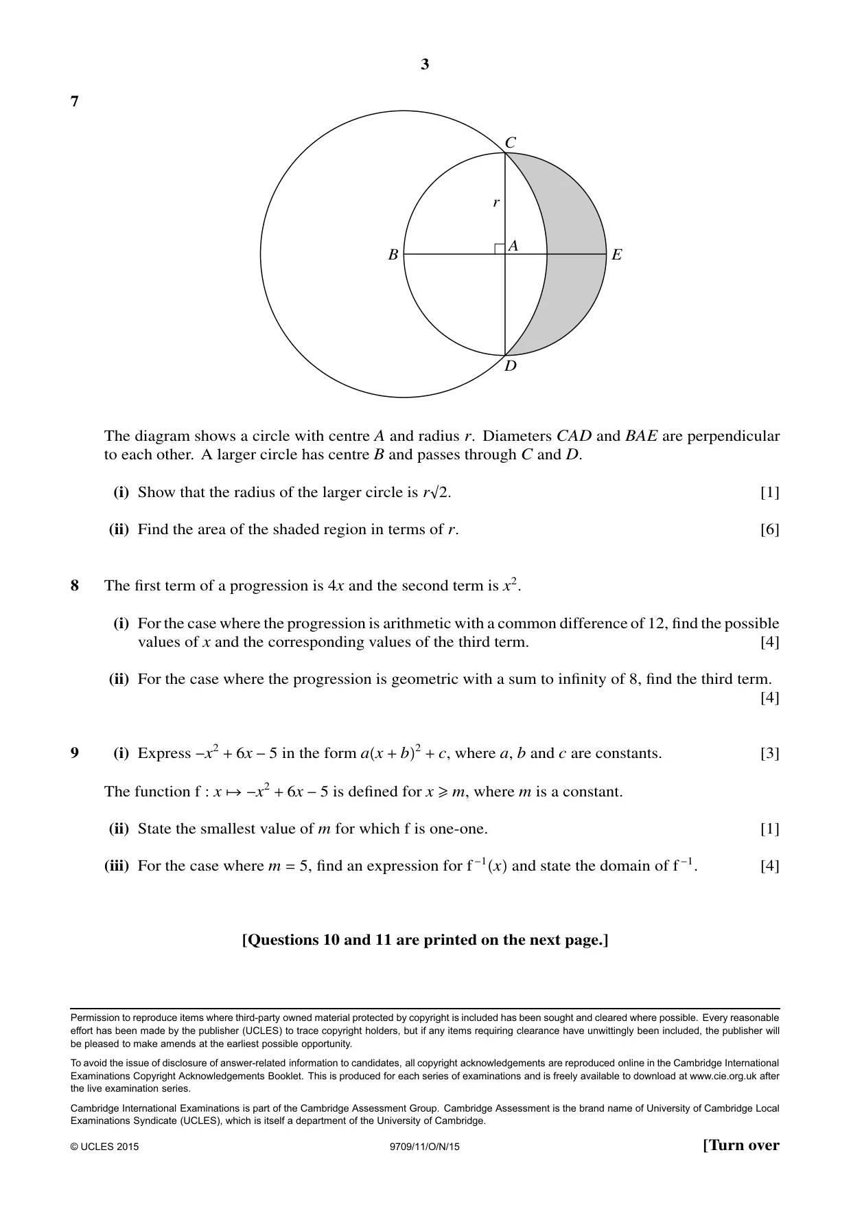 Cambridge A Level Mathematics 9709 2015 Oct/Nov Paper 1 · Variant 1 question paper, page 3 of 4