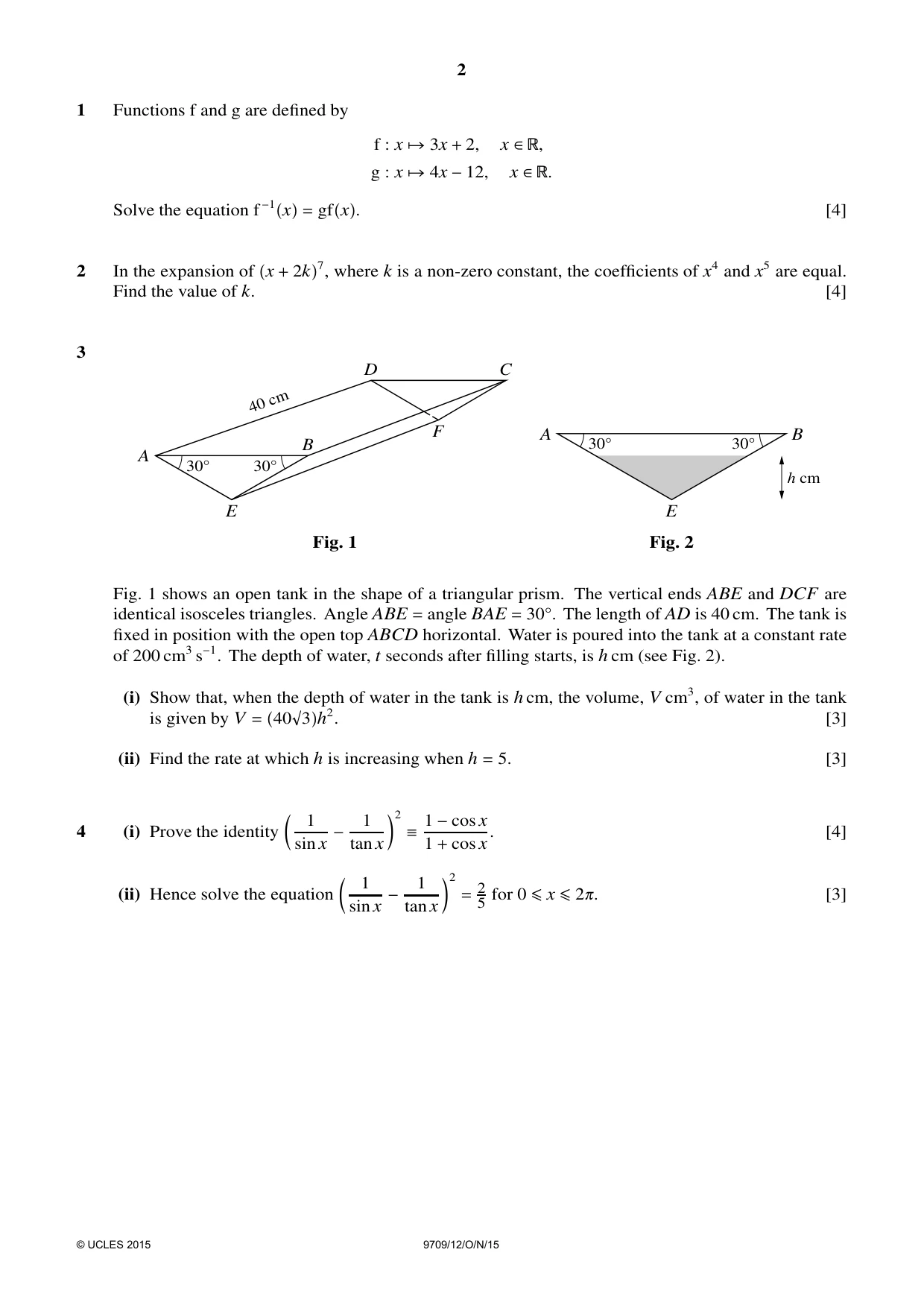Cambridge A Level Mathematics 9709 2015 Oct/Nov Paper 1 · Variant 2 question paper, page 2 of 4