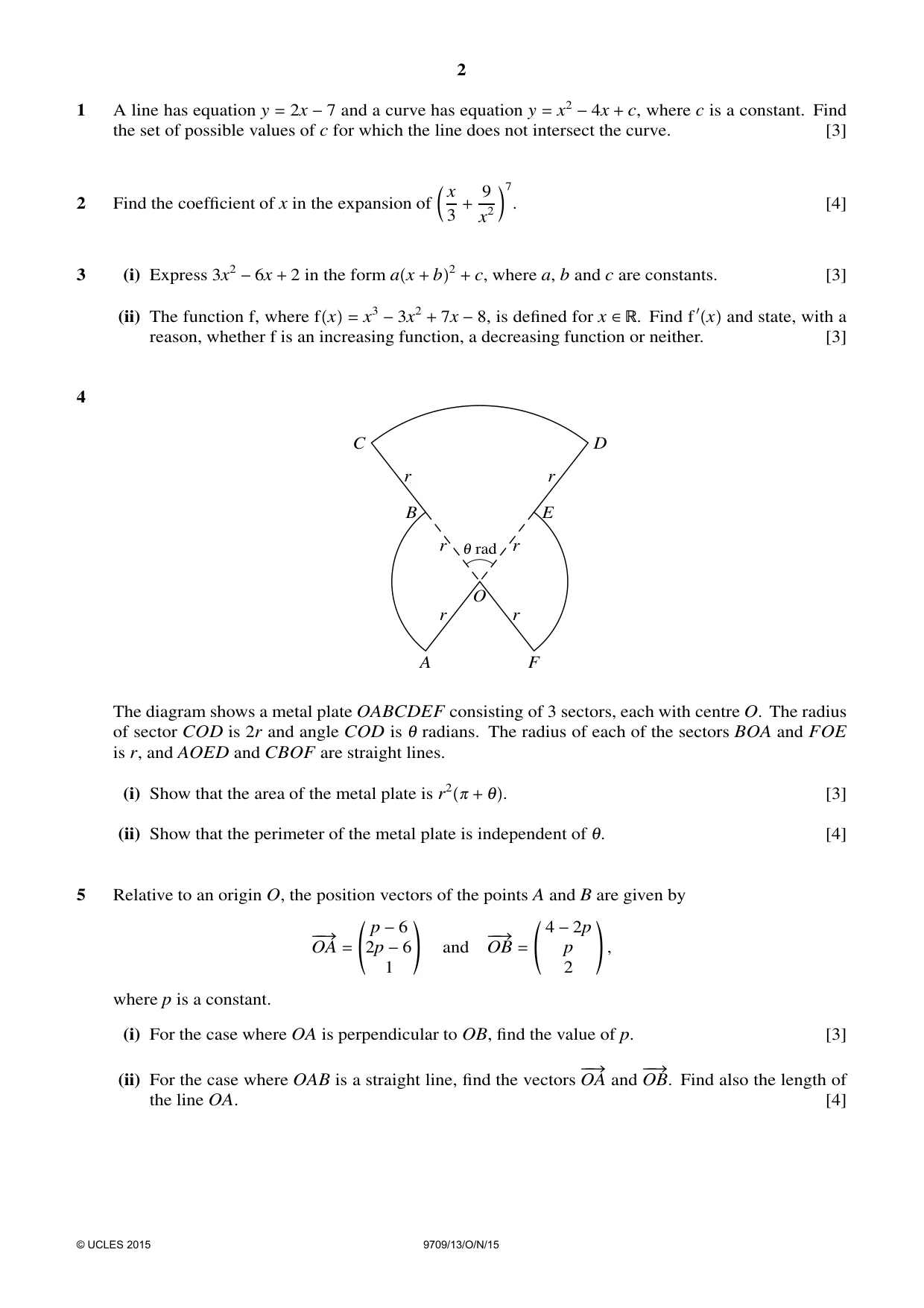 Cambridge A Level Mathematics 9709 2015 Oct/Nov Paper 1 · Variant 3 question paper, page 2 of 4