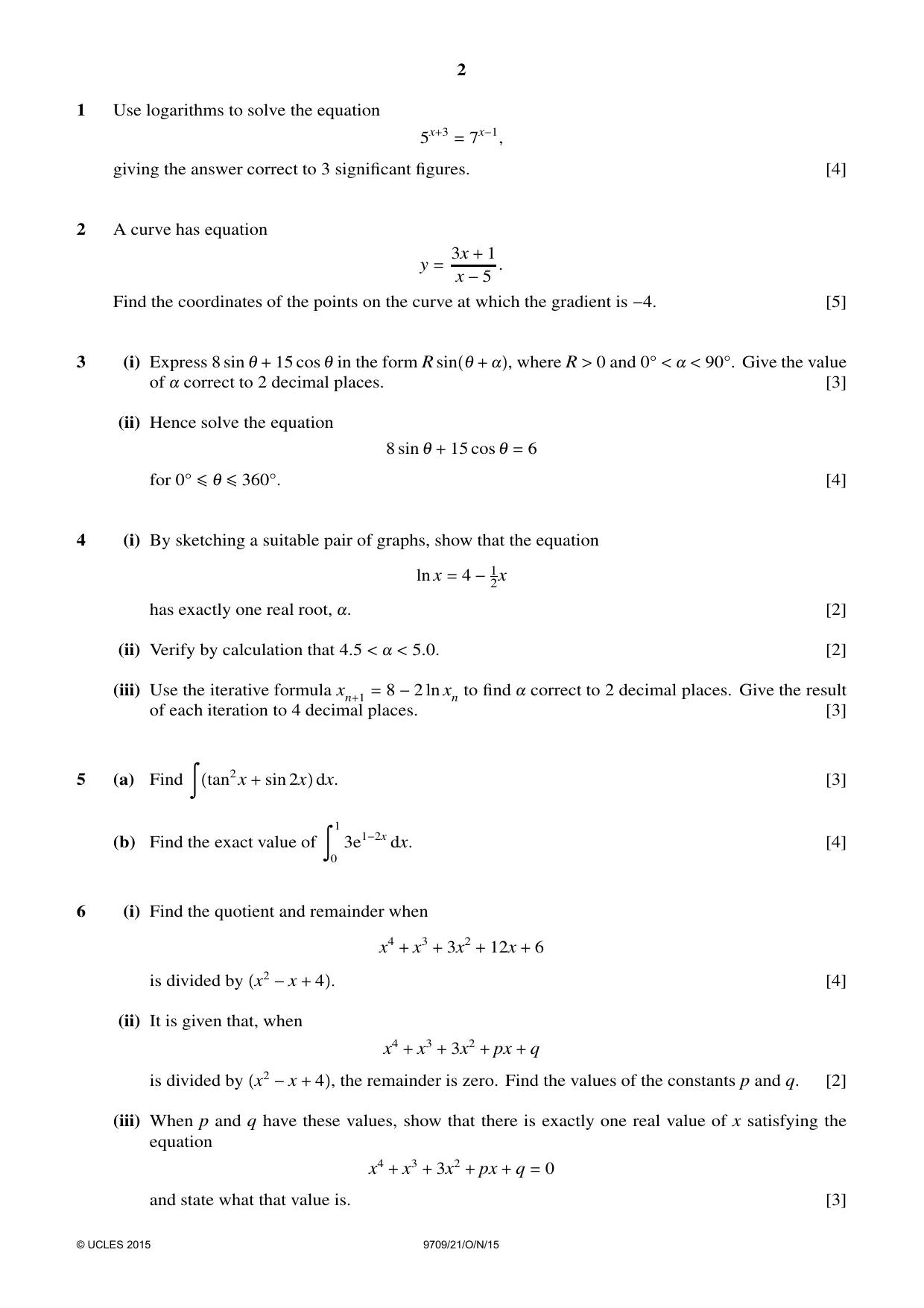 Cambridge A Level Mathematics 9709 2015 Oct/Nov Paper 2 · Variant 1 question paper, page 2 of 4