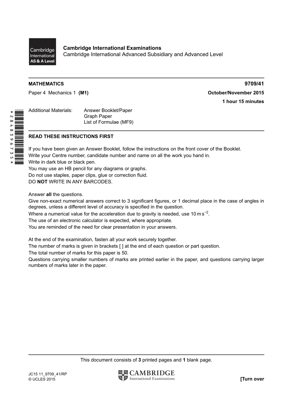 Cambridge A Level Mathematics 9709 2015 Oct/Nov Paper 4 · Variant 1 question paper, page 1 of 4