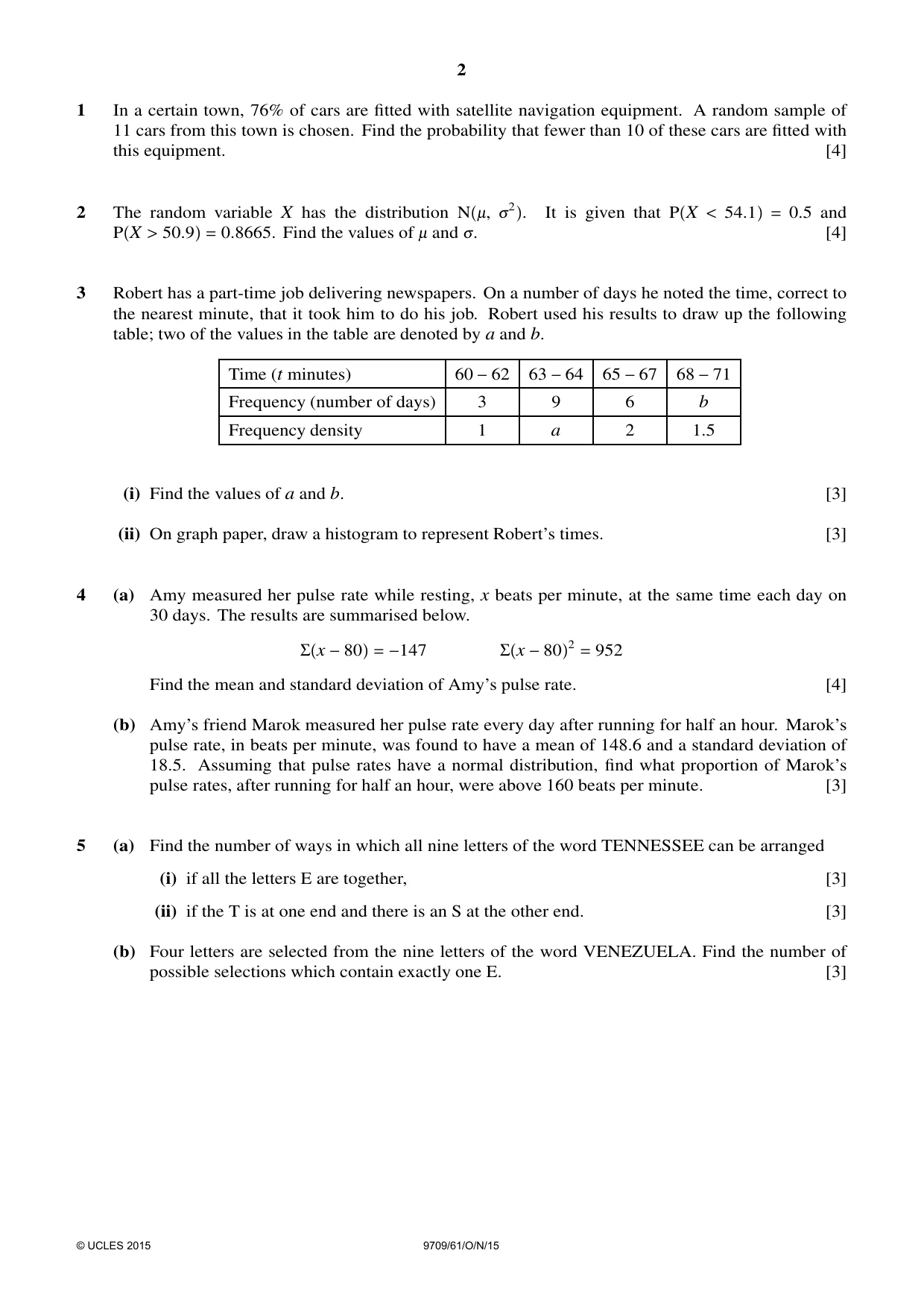 Cambridge A Level Mathematics 9709 2015 Oct/Nov Paper 6 · Variant 1 question paper, page 2 of 4