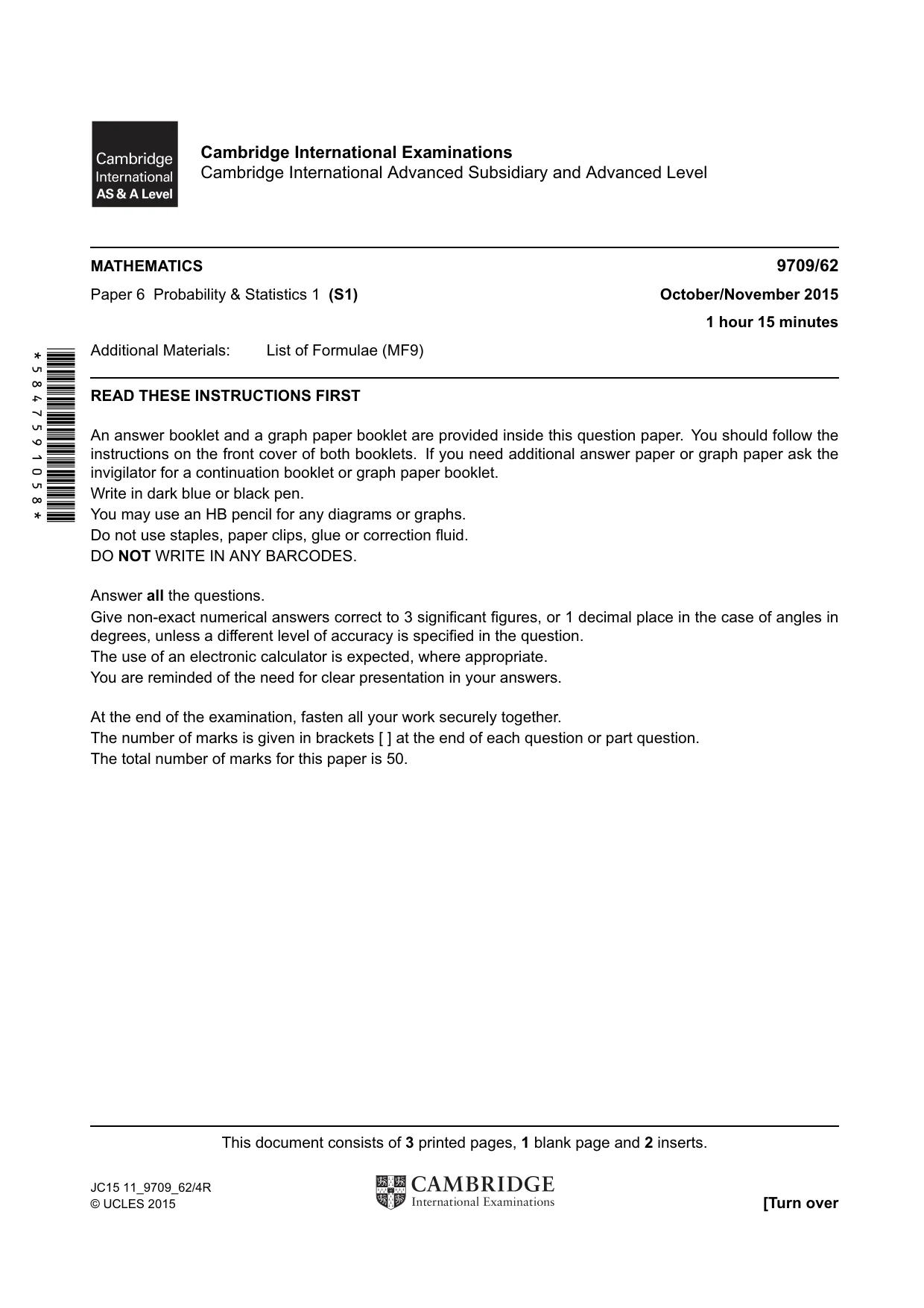 Cambridge A Level Mathematics 9709 2015 Oct/Nov Paper 6 · Variant 2 question paper, page 1 of 4