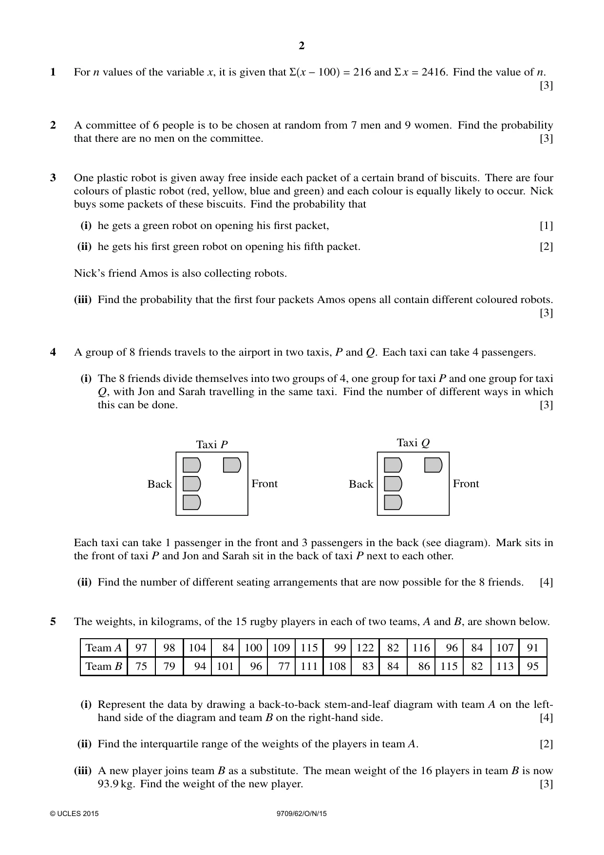 Cambridge A Level Mathematics 9709 2015 Oct/Nov Paper 6 · Variant 2 question paper, page 2 of 4