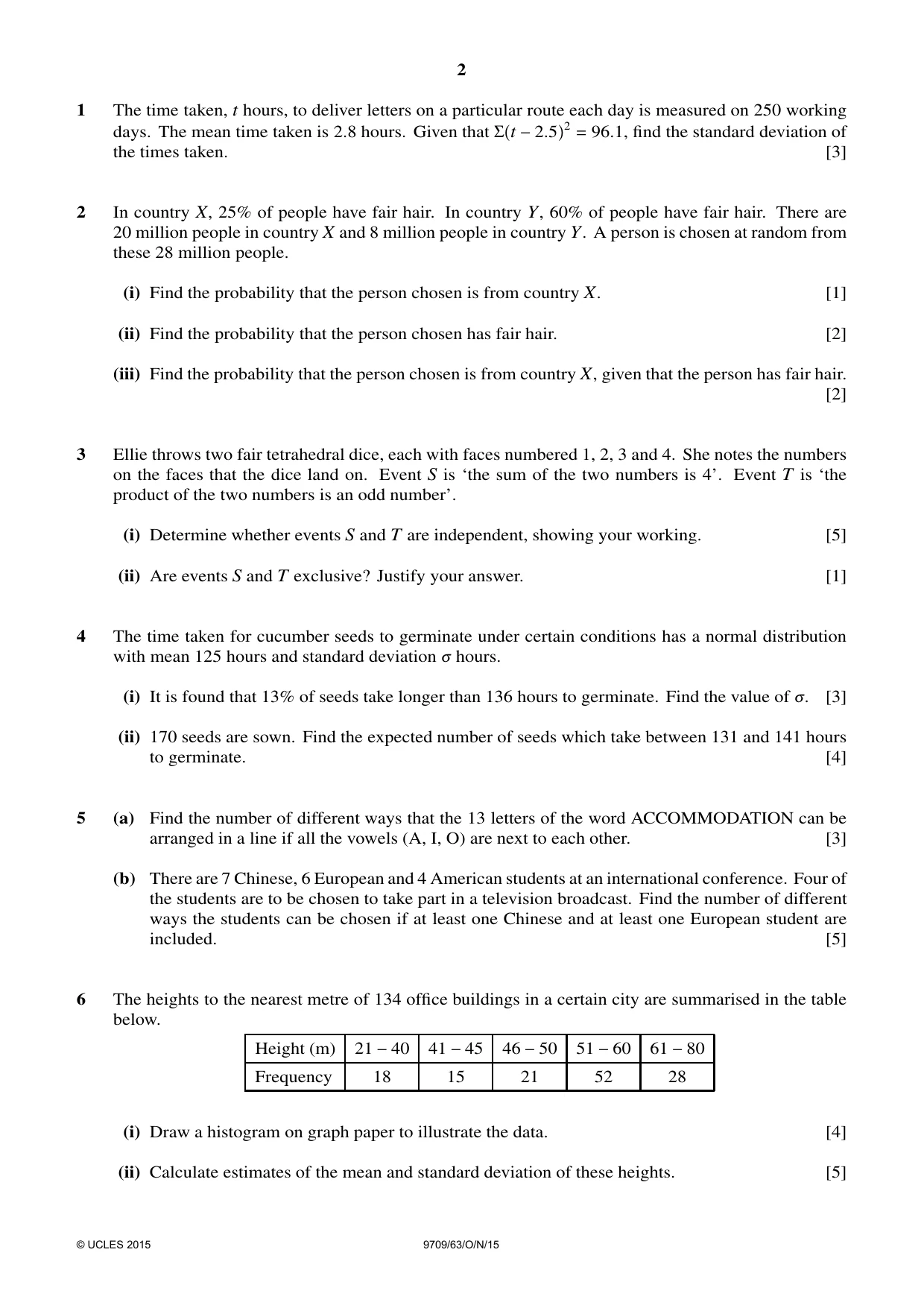 Cambridge A Level Mathematics 9709 2015 Oct/Nov Paper 6 · Variant 3 question paper, page 2 of 4