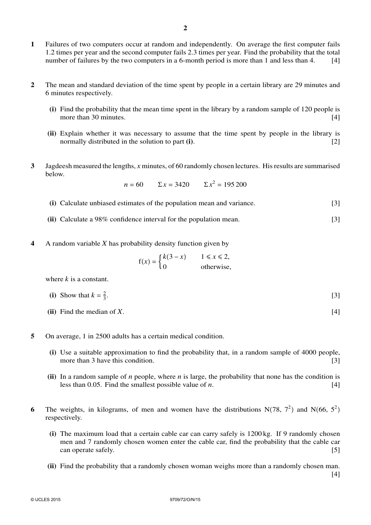 Cambridge A Level Mathematics 9709 2015 Oct/Nov Paper 7 · Variant 2 question paper, page 2 of 4