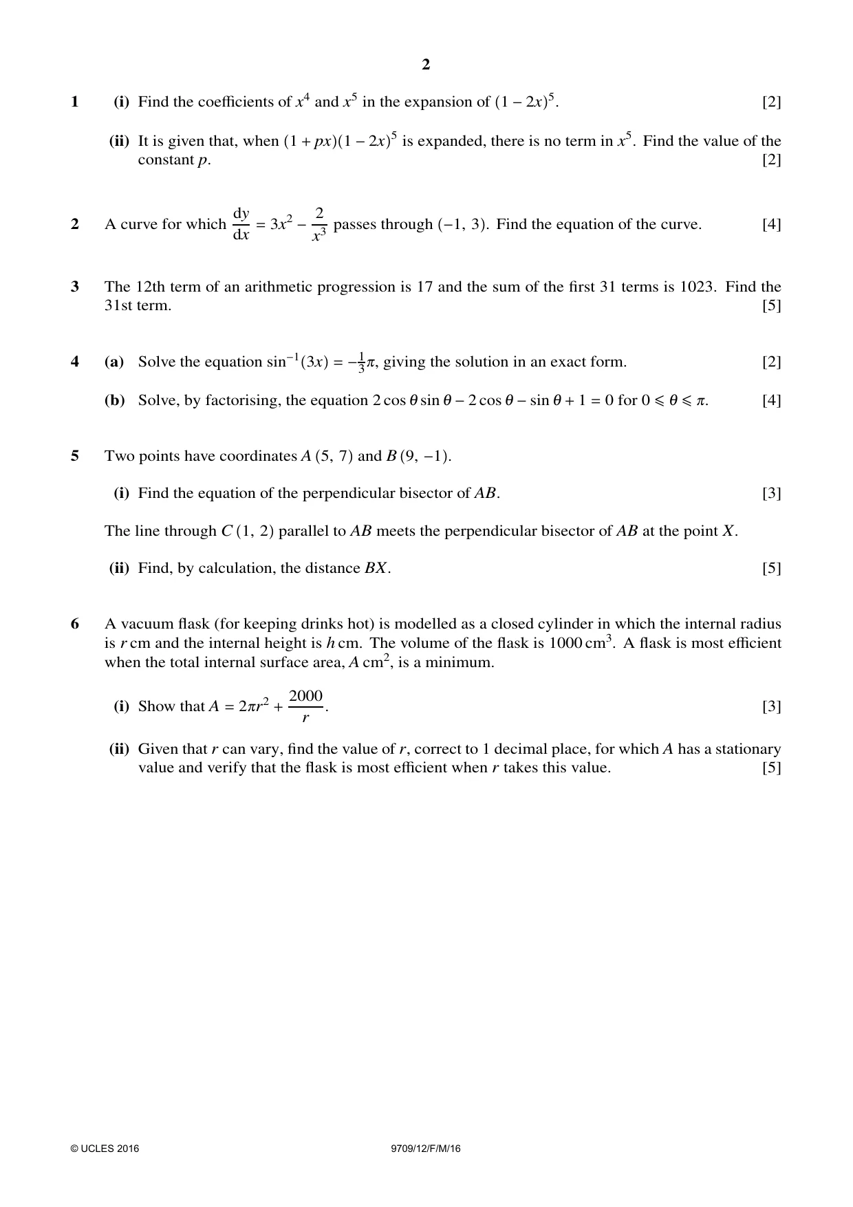 Cambridge A Level Mathematics 9709 2016 Feb/March Paper 1 · Variant 2 question paper, page 2 of 8