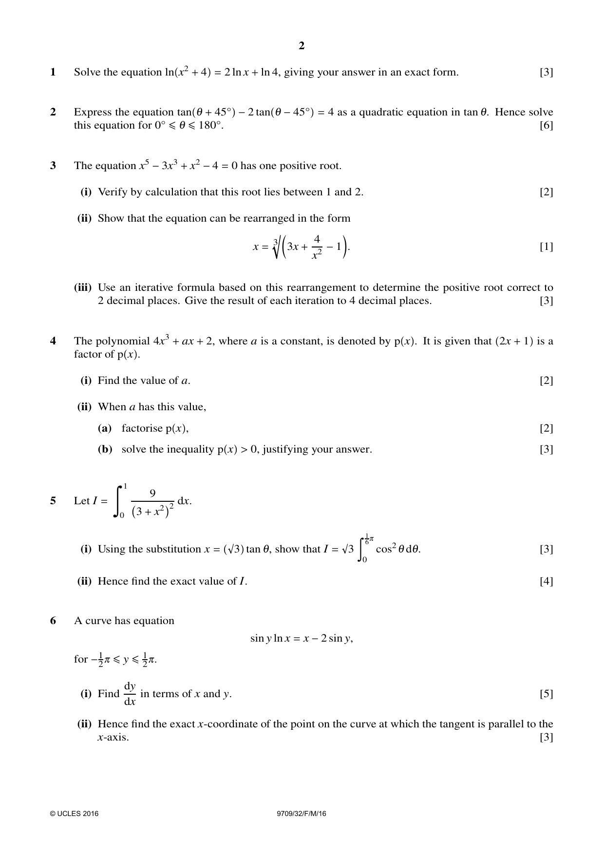 Cambridge A Level Mathematics 9709 2016 Feb/March Paper 3 · Variant 2 question paper, page 2 of 4