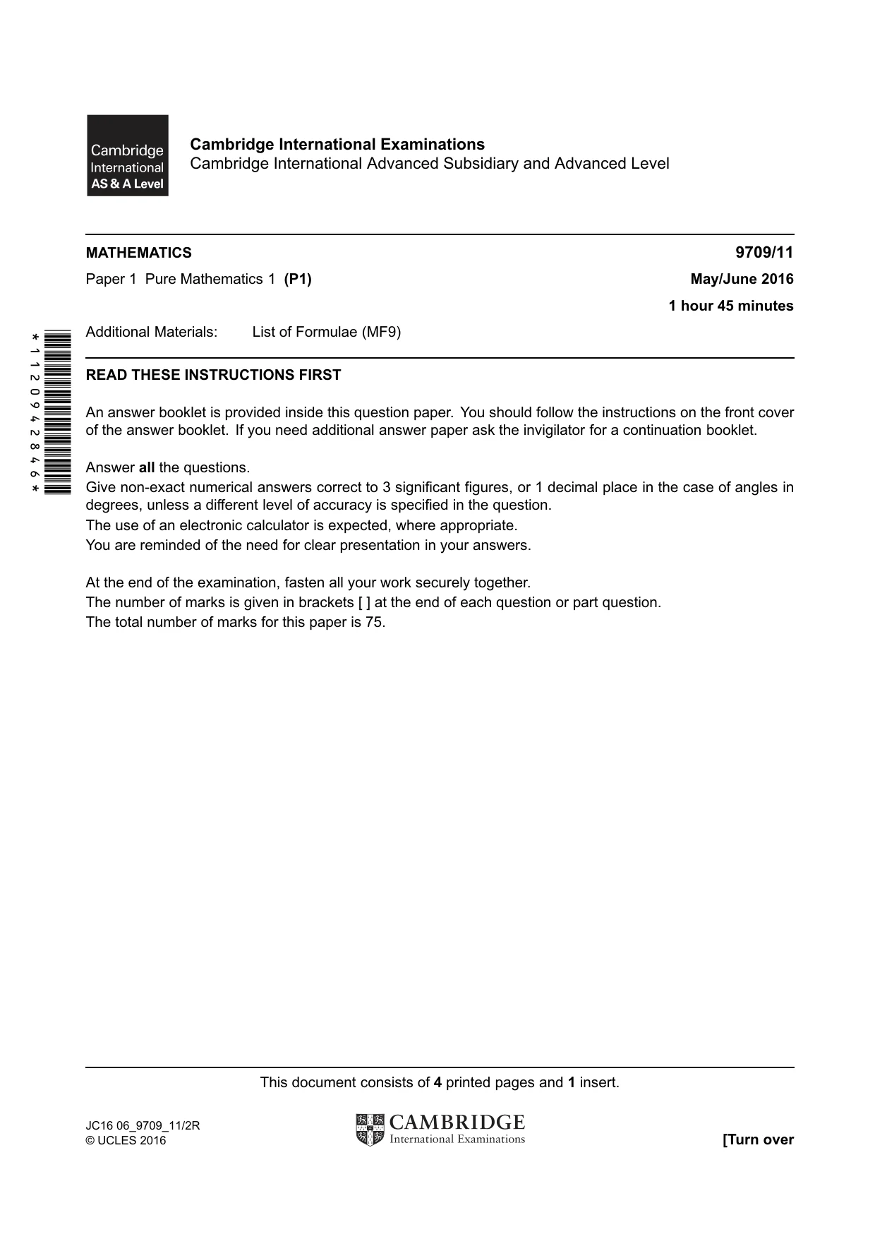 Cambridge A Level Mathematics 9709 2016 May/June Paper 1 · Variant 1 question paper, page 1 of 4