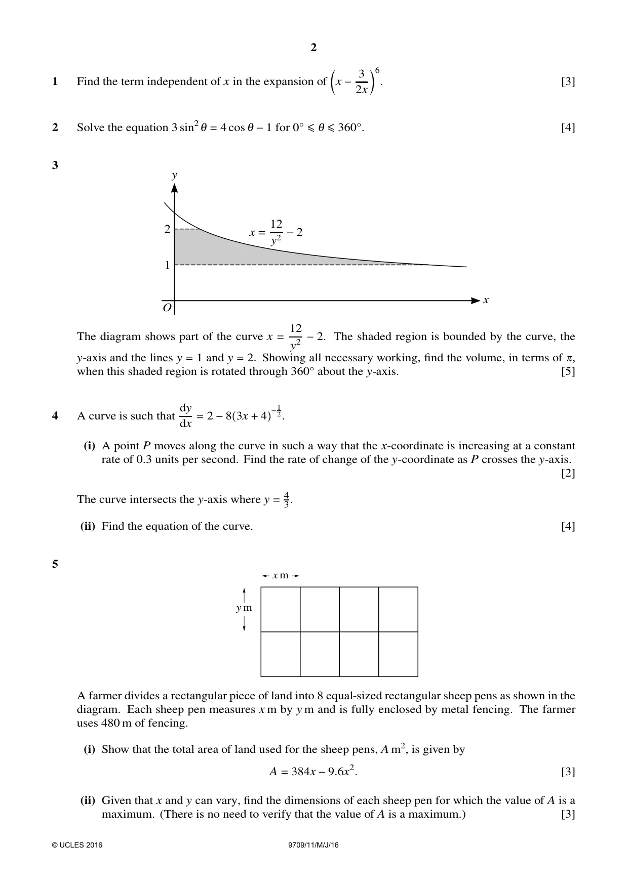 Cambridge A Level Mathematics 9709 2016 May/June Paper 1 · Variant 1 question paper, page 2 of 4
