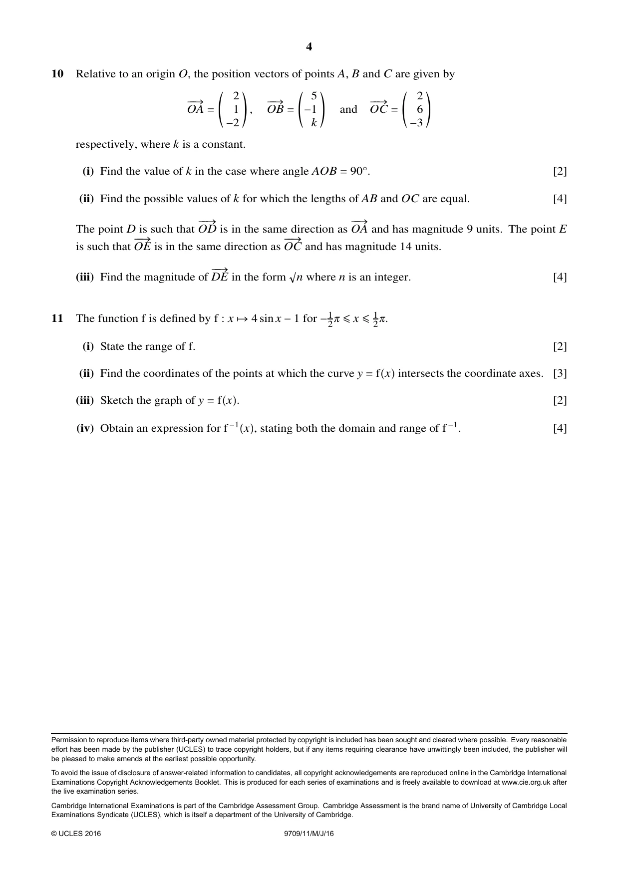 Cambridge A Level Mathematics 9709 2016 May/June Paper 1 · Variant 1 question paper, page 4 of 4