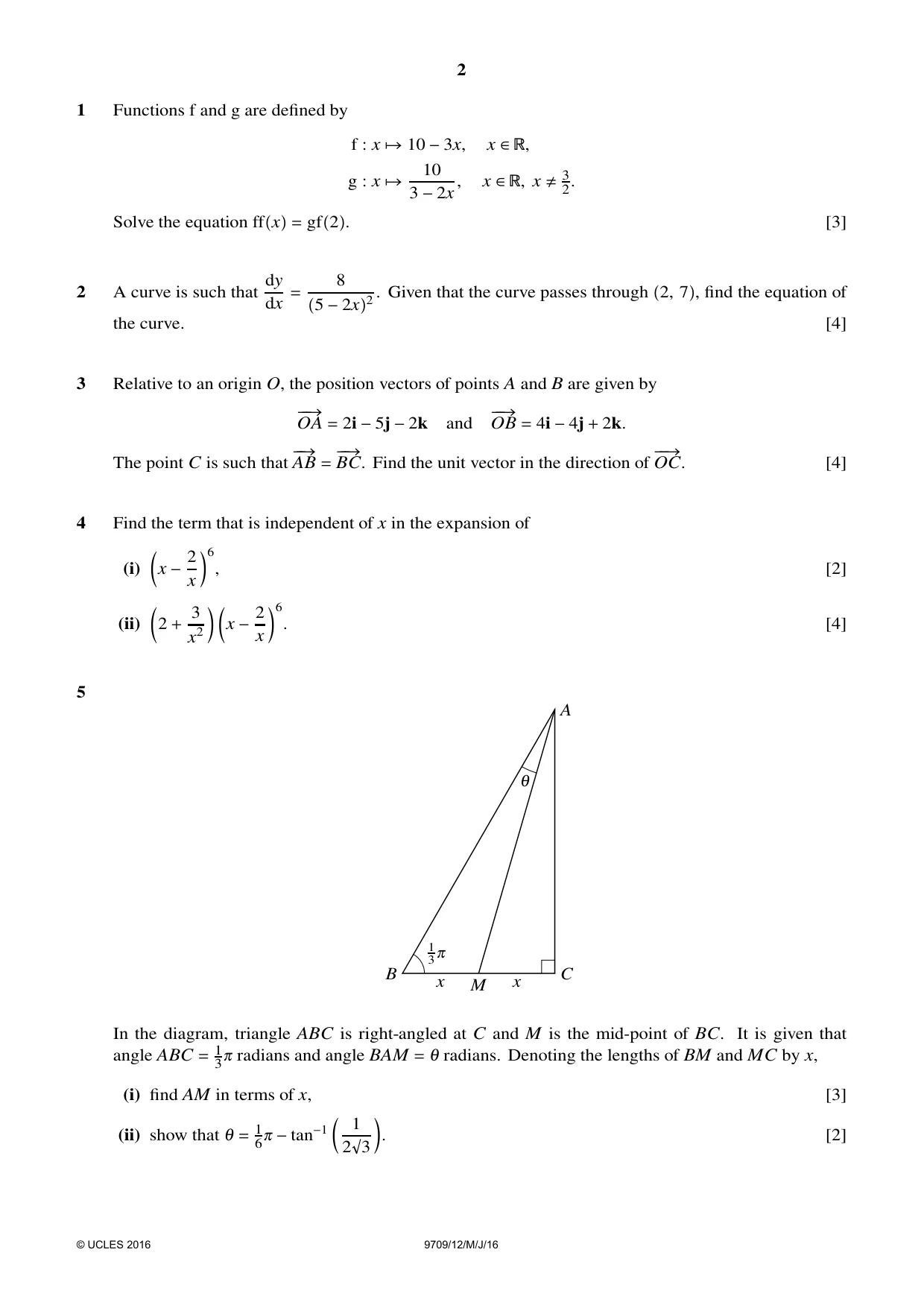 Cambridge A Level Mathematics 9709 2016 May/June Paper 1 · Variant 2 question paper, page 2 of 4