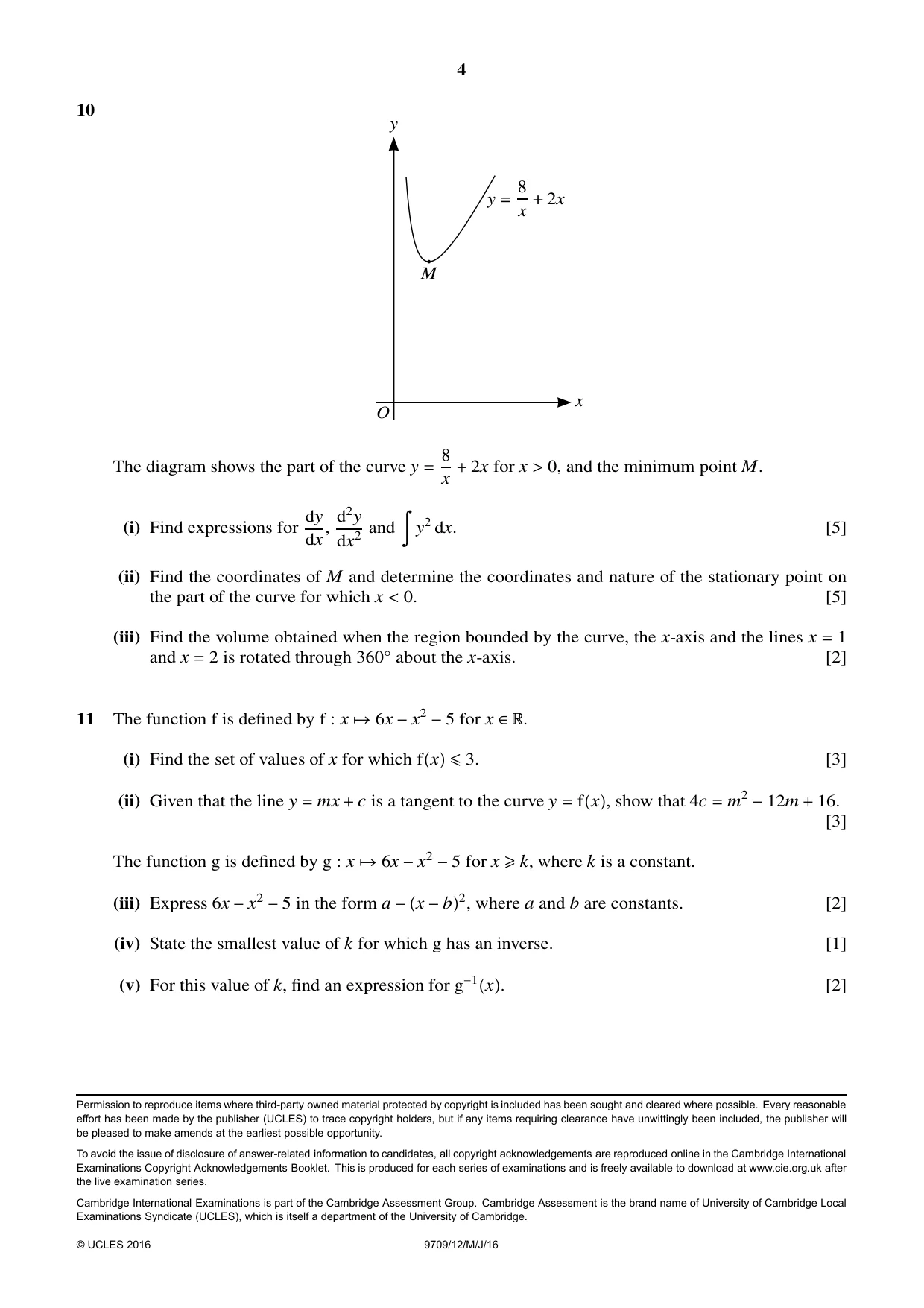 Cambridge A Level Mathematics 9709 2016 May/June Paper 1 · Variant 2 question paper, page 4 of 4