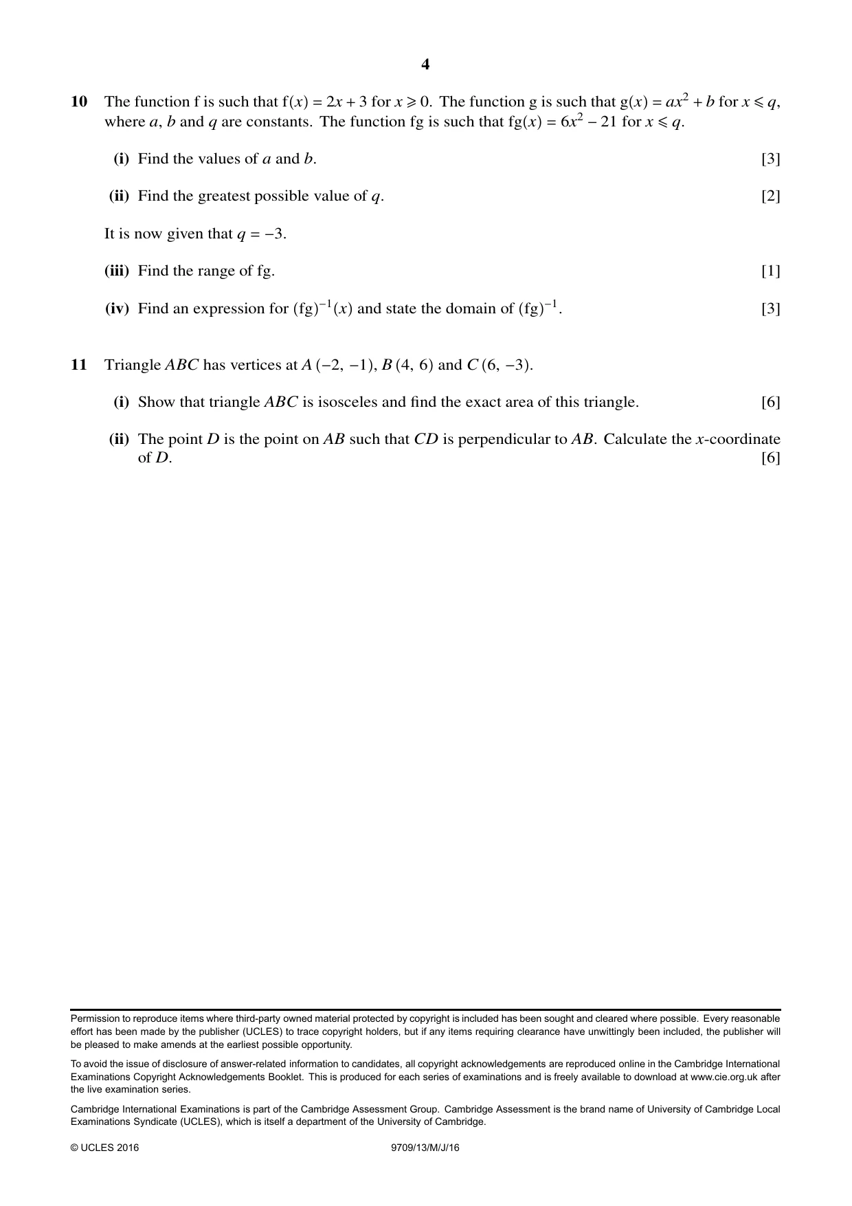 Cambridge A Level Mathematics 9709 2016 May/June Paper 1 · Variant 3 question paper, page 4 of 4