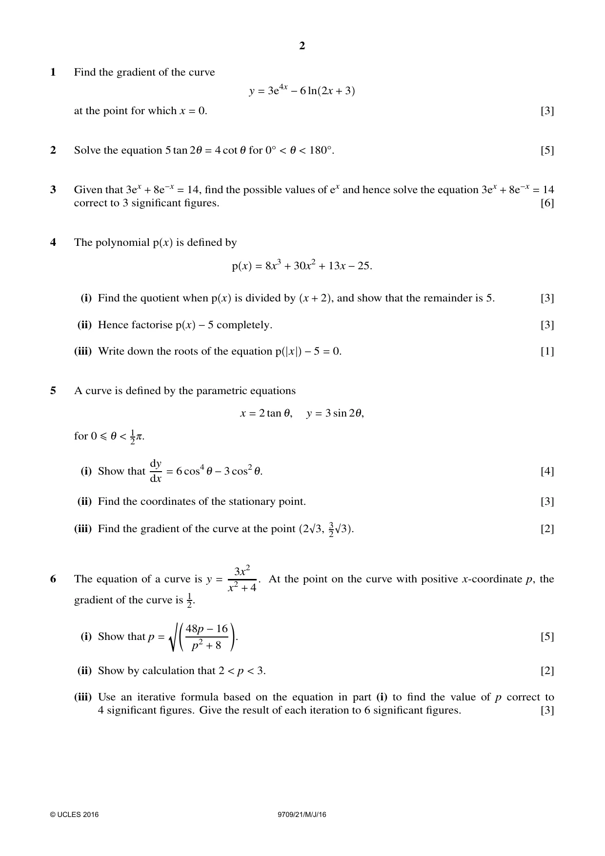 Cambridge A Level Mathematics 9709 2016 May/June Paper 2 · Variant 1 question paper, page 2 of 4