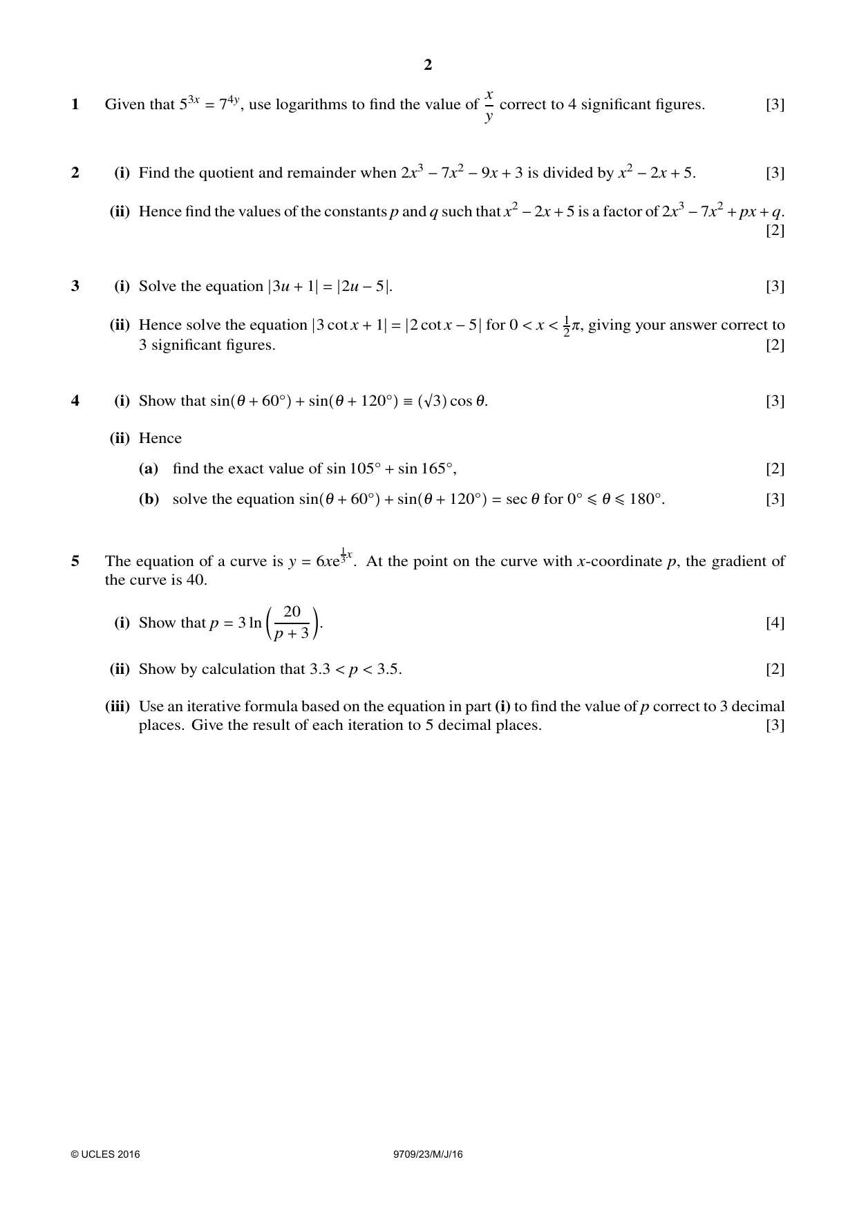 Cambridge A Level Mathematics 9709 2016 May/June Paper 2 · Variant 3 question paper, page 2 of 4