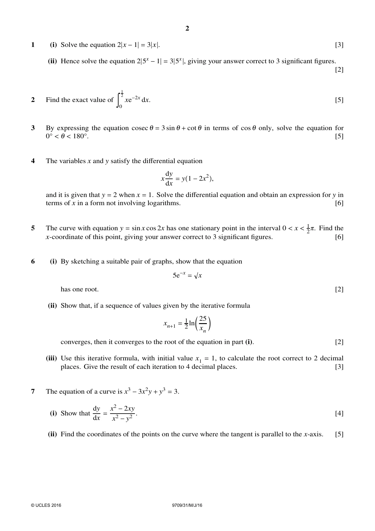 Cambridge A Level Mathematics 9709 2016 May/June Paper 3 · Variant 1 question paper, page 2 of 4
