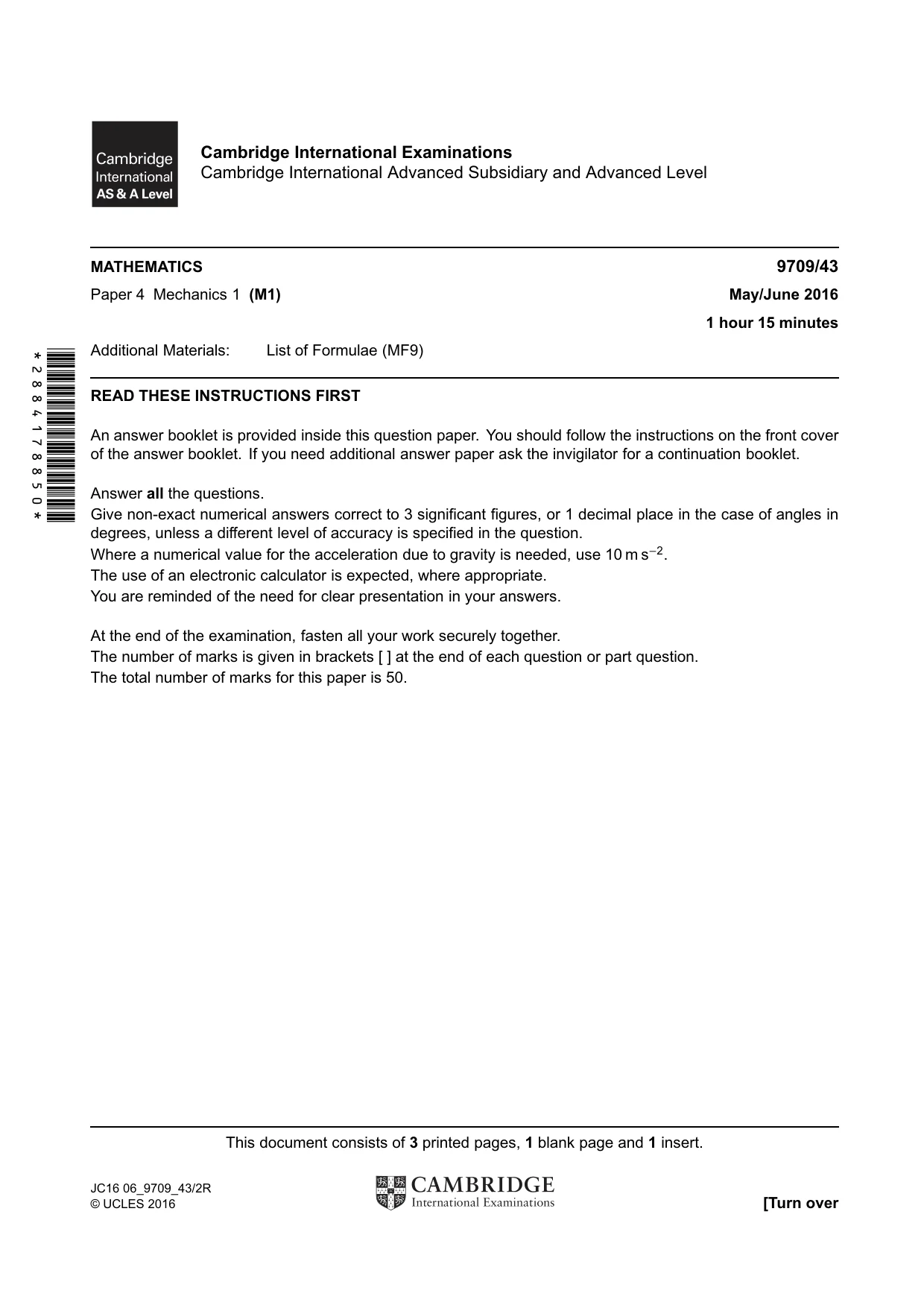 Cambridge A Level Mathematics 9709 2016 May/June Paper 4 · Variant 3 question paper, page 1 of 4