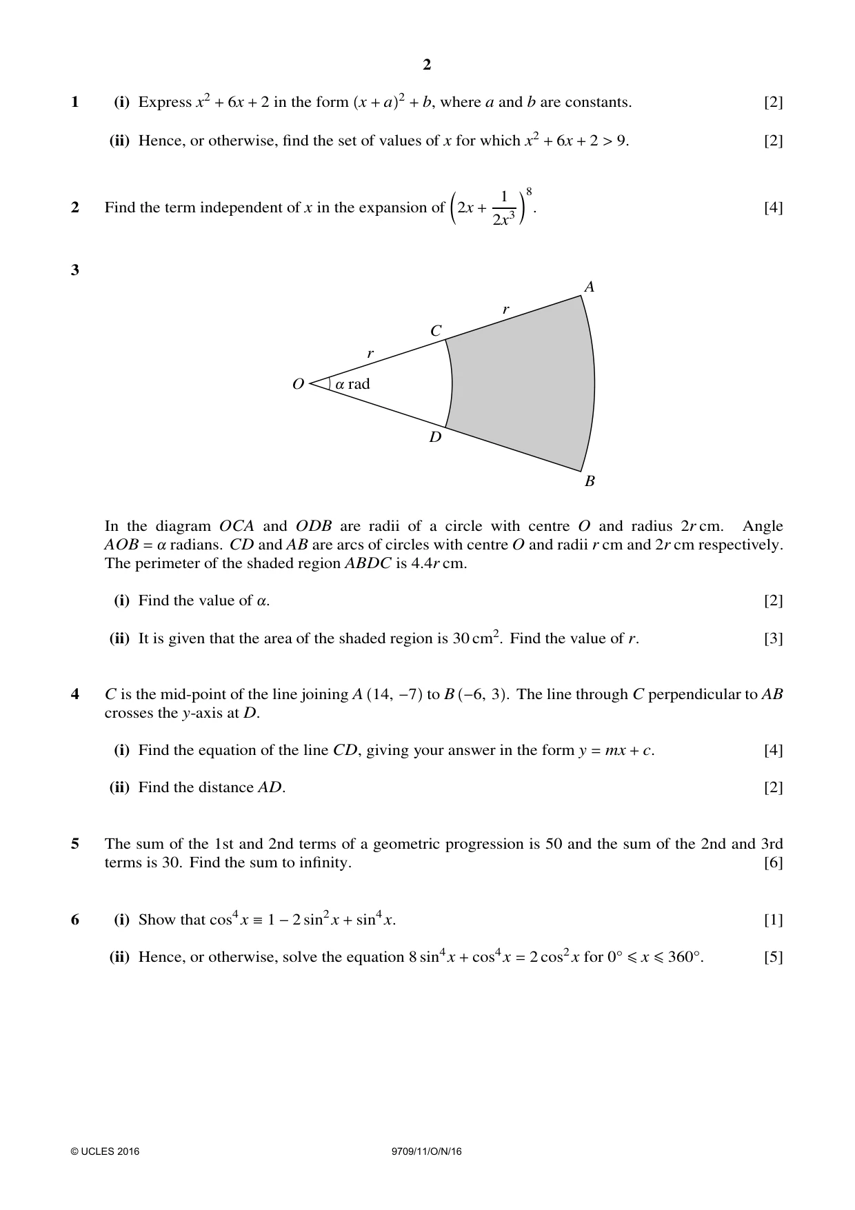 Cambridge A Level Mathematics 9709 2016 Oct/Nov Paper 1 · Variant 1 question paper, page 2 of 4