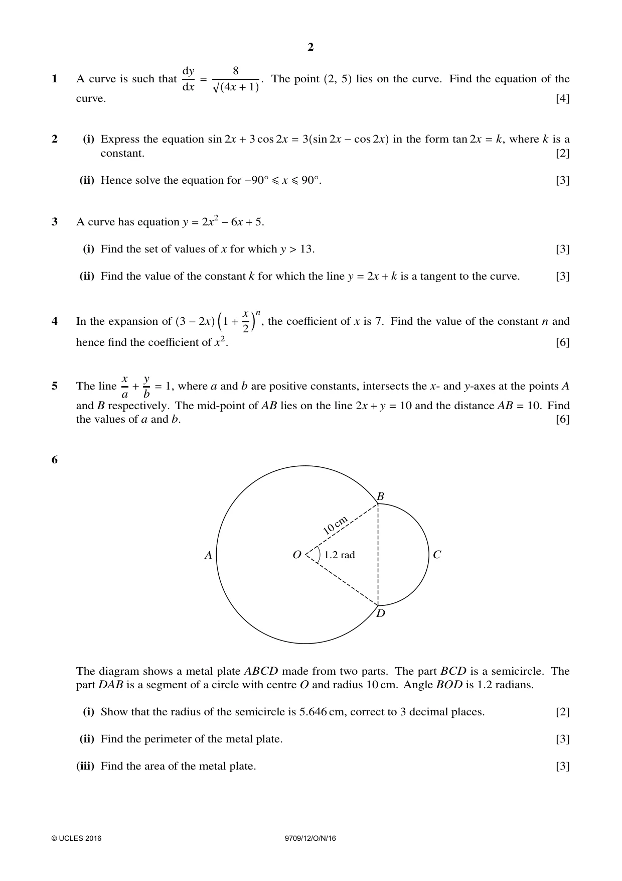 Cambridge A Level Mathematics 9709 2016 Oct/Nov Paper 1 · Variant 2 question paper, page 2 of 4